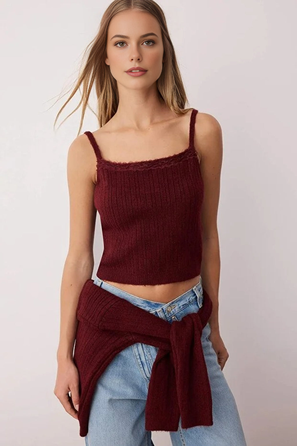 2-Piece Square Neck Cardigan-Blouse Knit Set with Lace Garnish