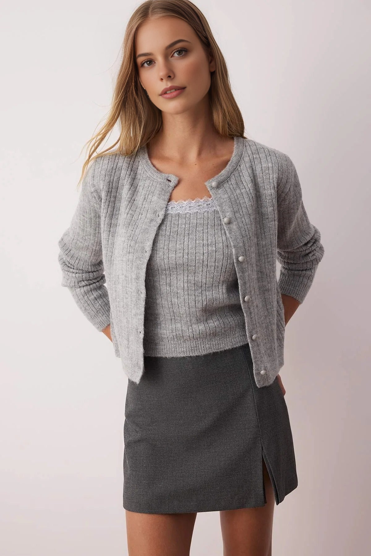 2-Piece Square Neck Cardigan-Blouse Knit Set with Lace Garnish