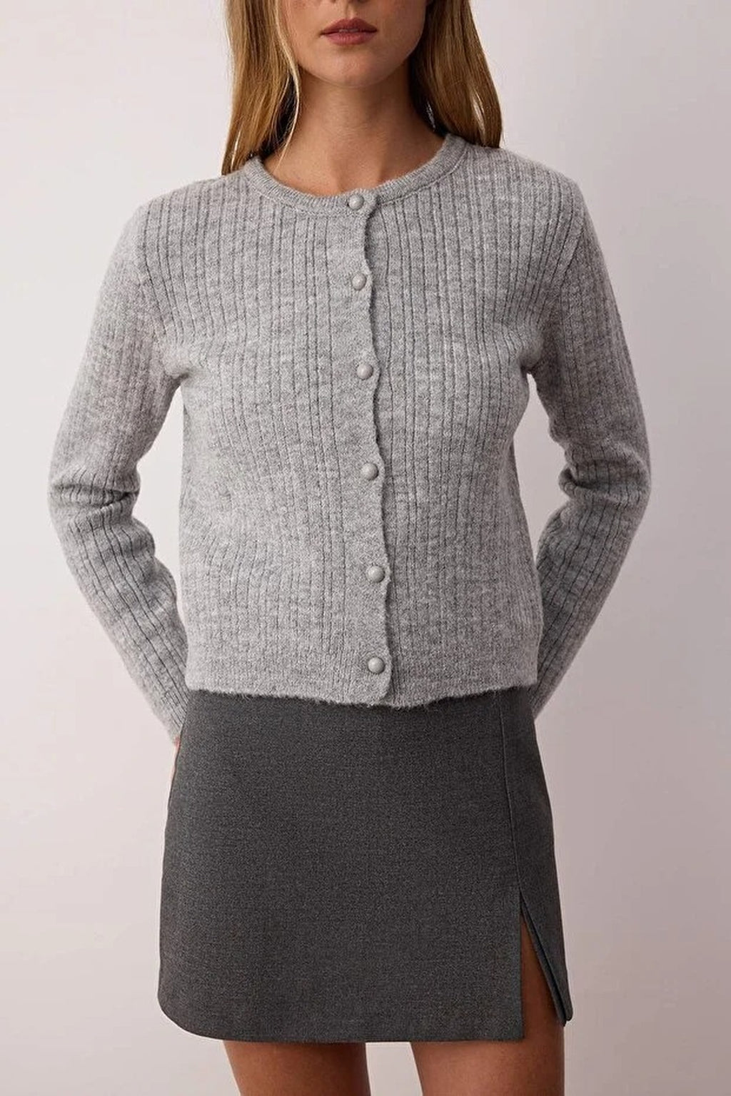 2-Piece Square Neck Cardigan-Blouse Knit Set with Lace Garnish