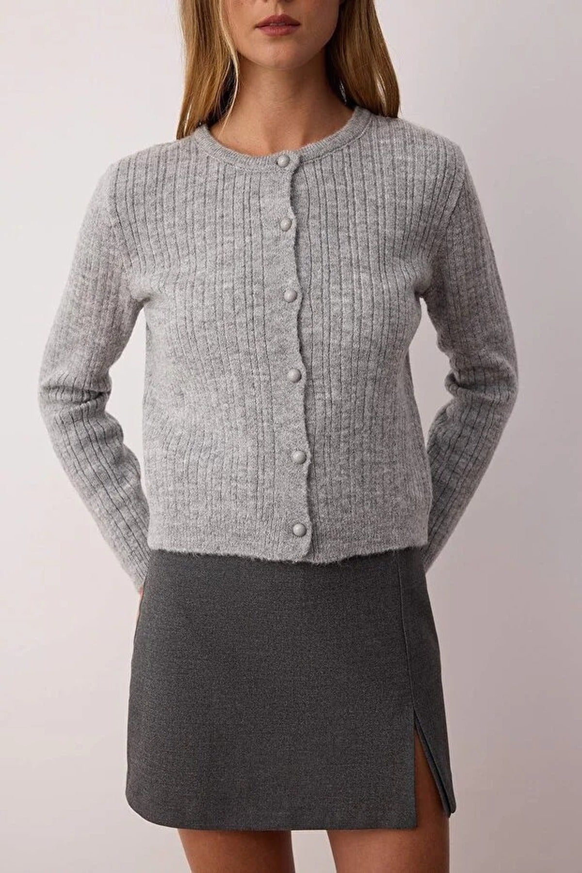 2-Piece Square Neck Cardigan-Blouse Knit Set with Lace Garnish