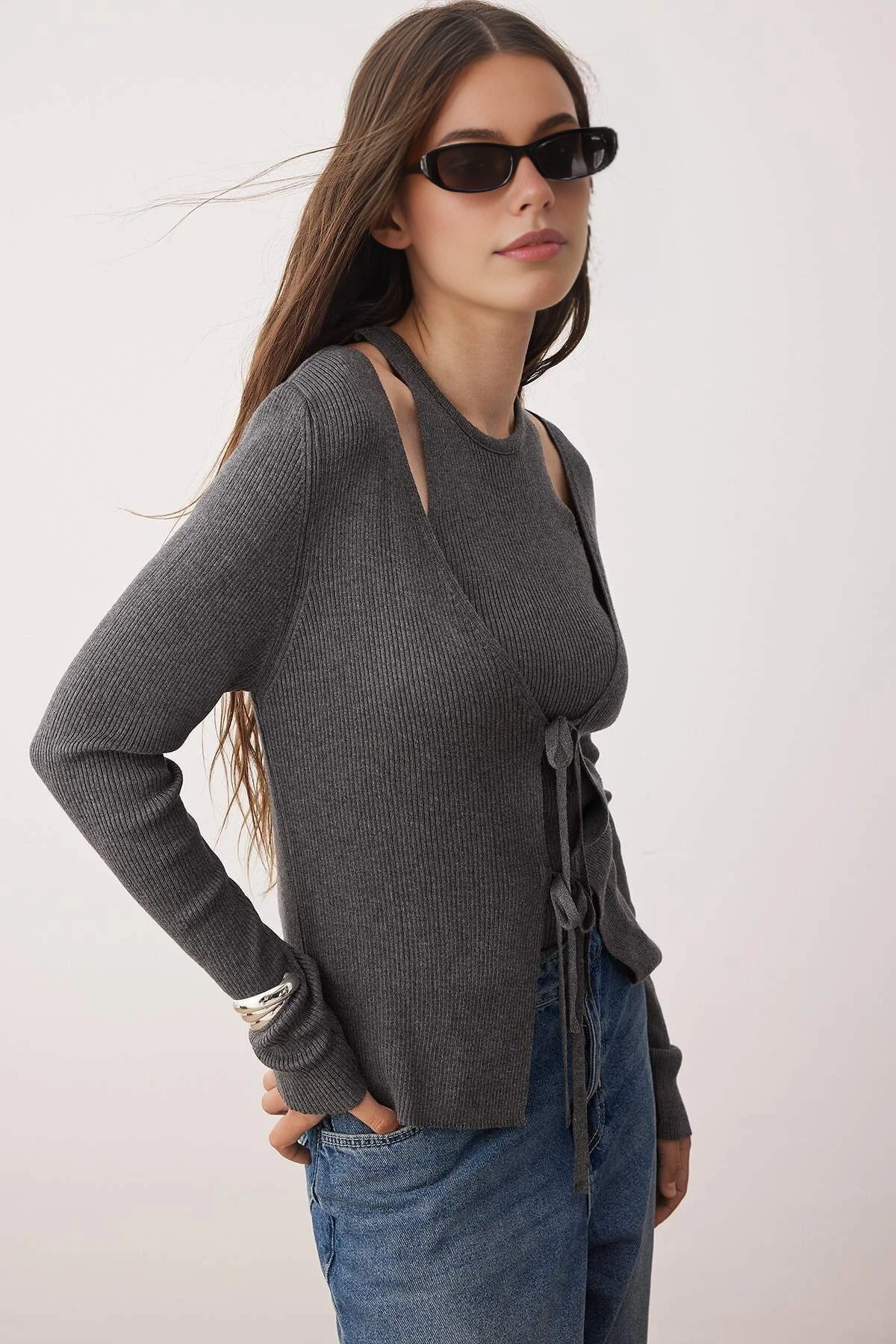 2-Piece V-Neck Mercerized Look Knitwear Cardigan-Blouse Set