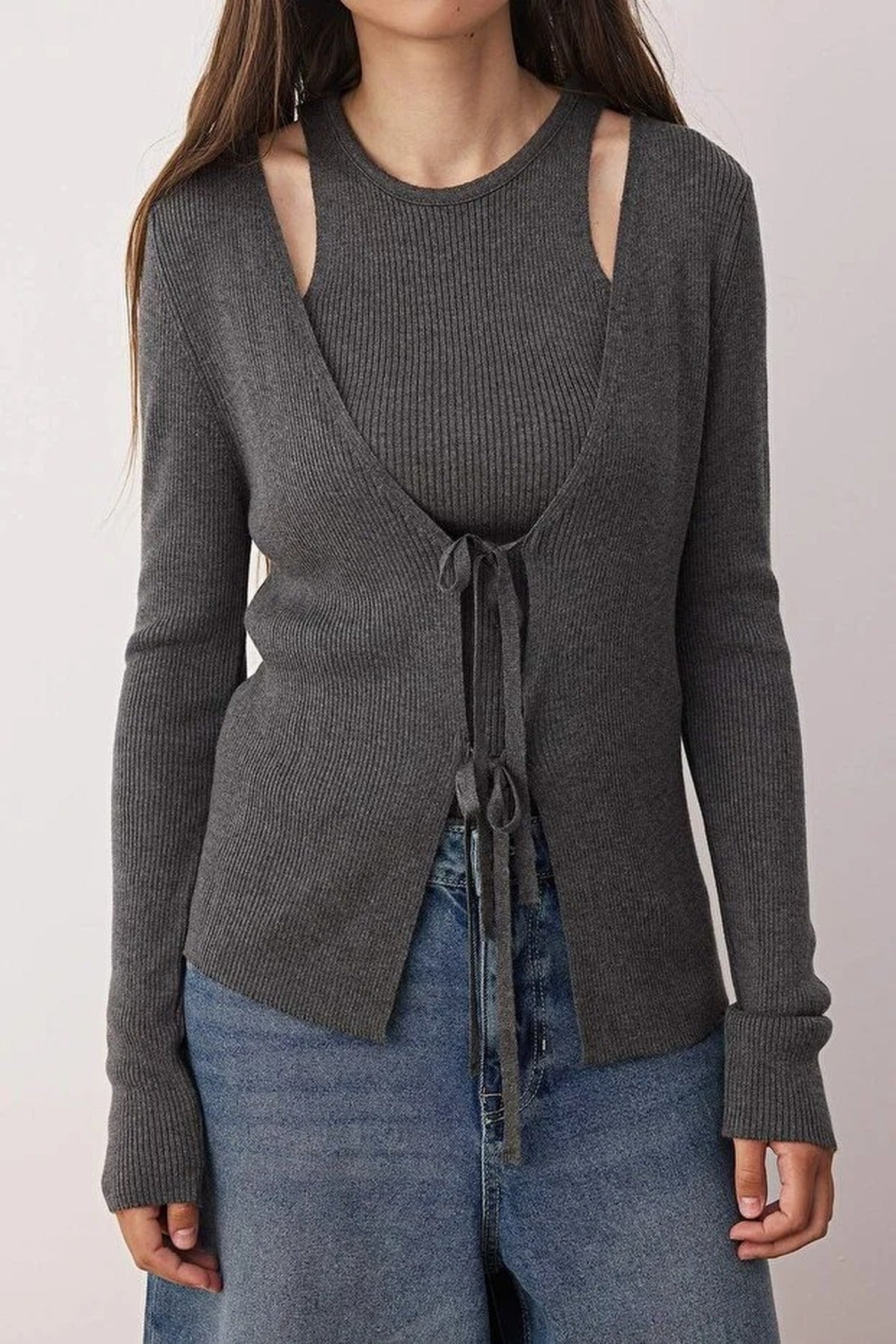 2-Piece V-Neck Mercerized Look Knitwear Cardigan-Blouse Set