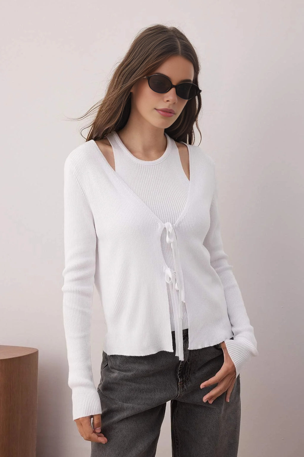 2-Piece V-Neck Mercerized Look Knitwear Cardigan-Blouse Set