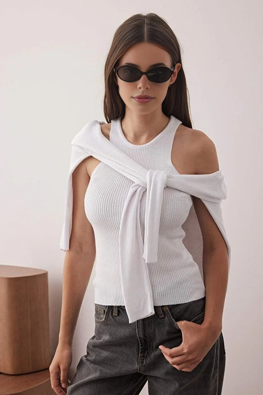 2-Piece V-Neck Mercerized Look Knitwear Cardigan-Blouse Set