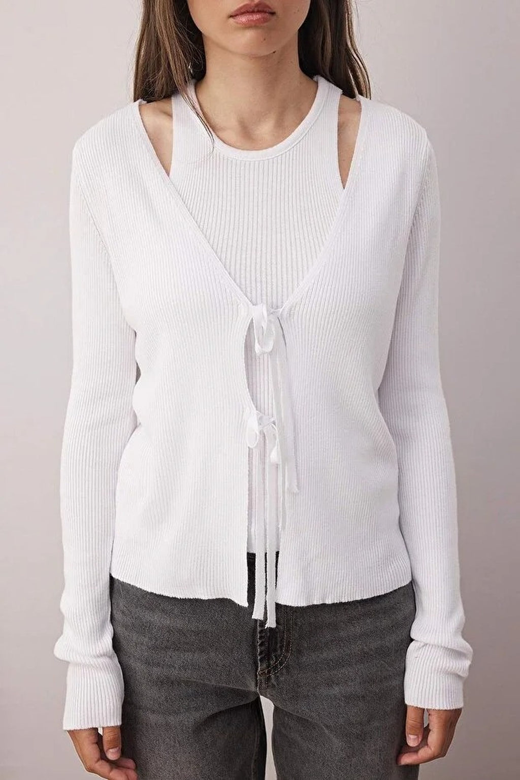 2-Piece V-Neck Mercerized Look Knitwear Cardigan-Blouse Set