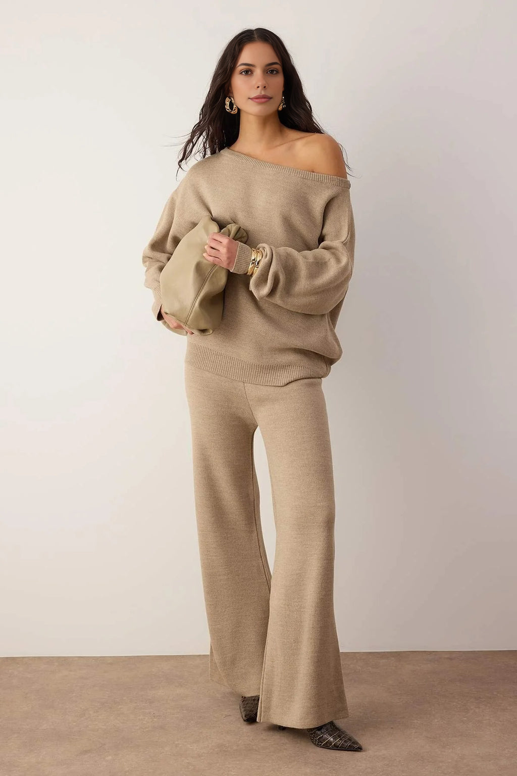 2-Piece Knitwear Boat Neck Sweater-Pants Set