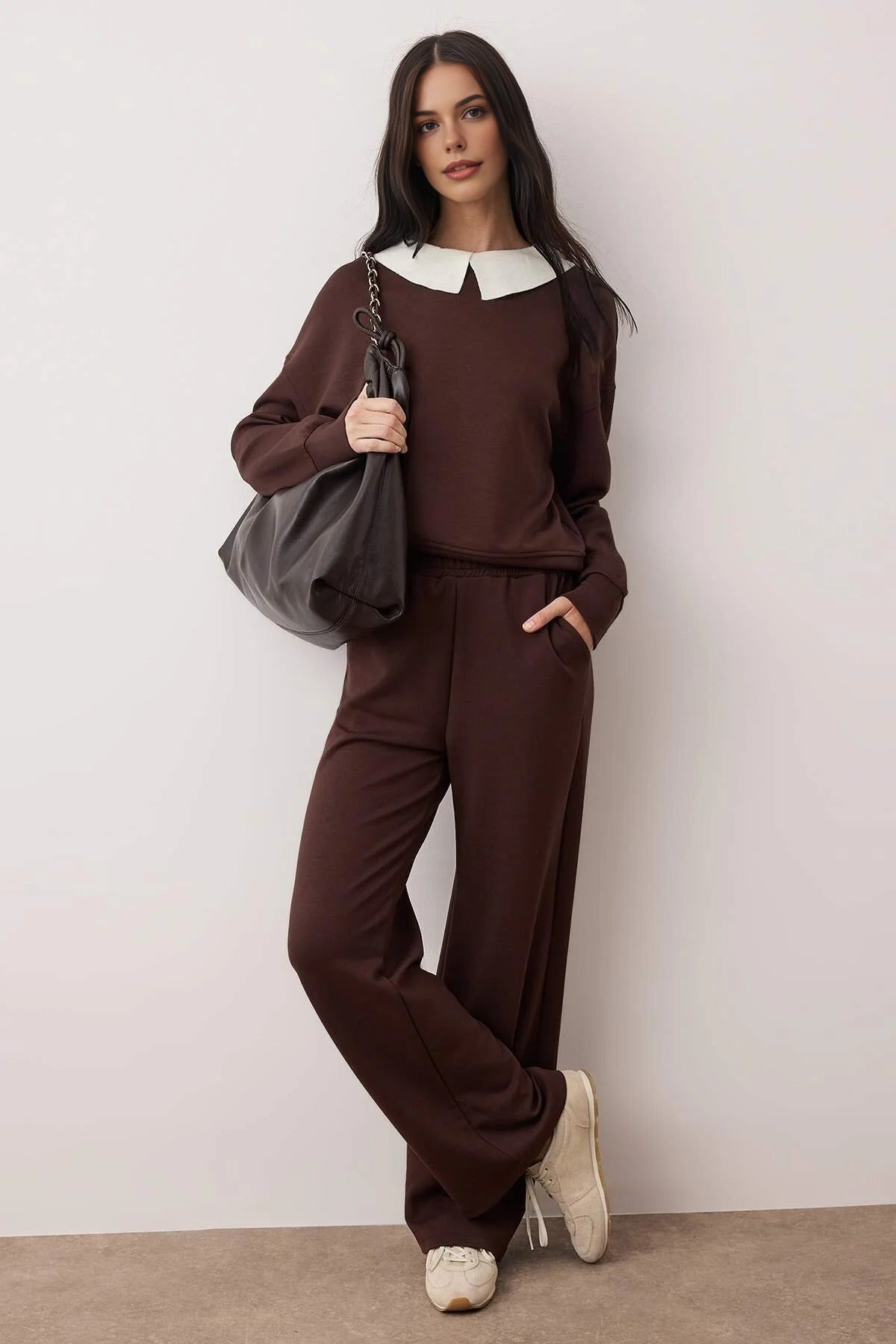 2-Piece Polo Collar Color Block Woven Garnished Knit Bottom - Top Set