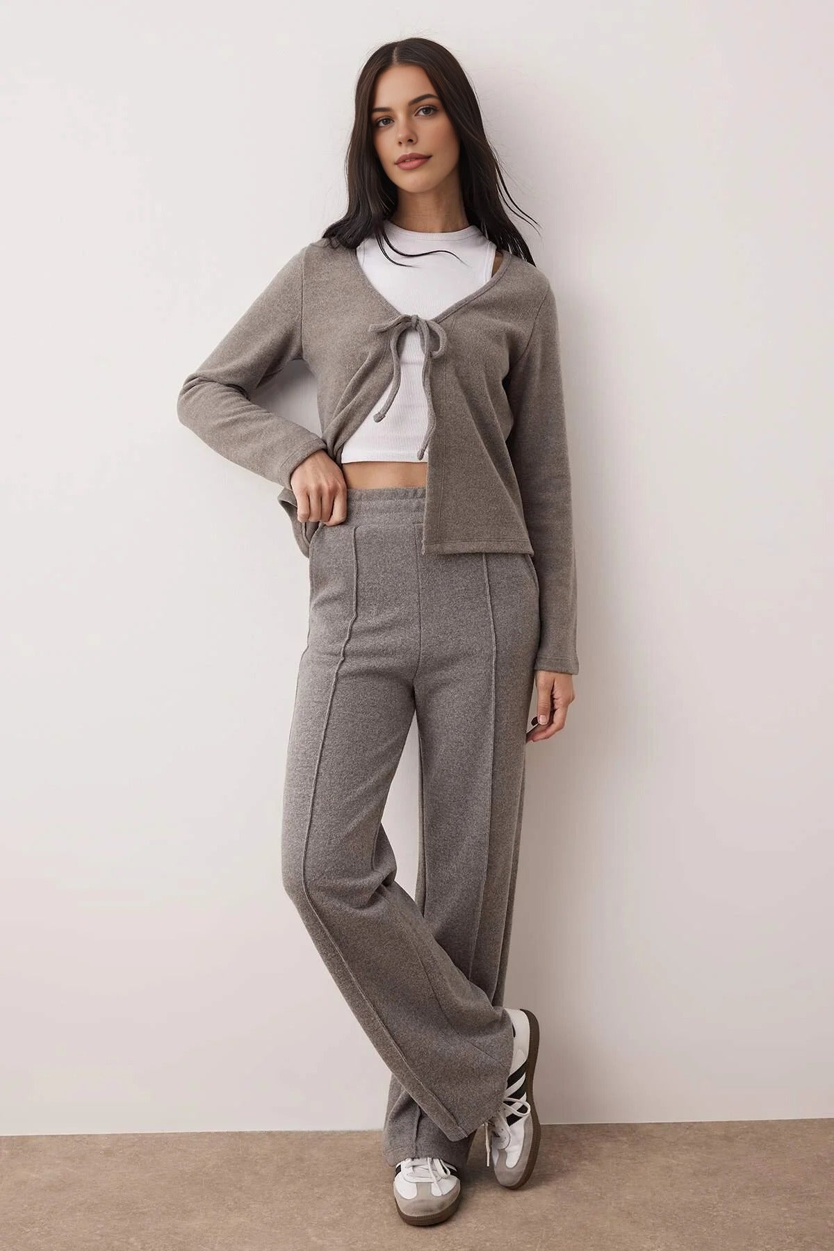 2-Piece V-Neck Textured Flexible Knit Bottom-Top Set with Tie Detail