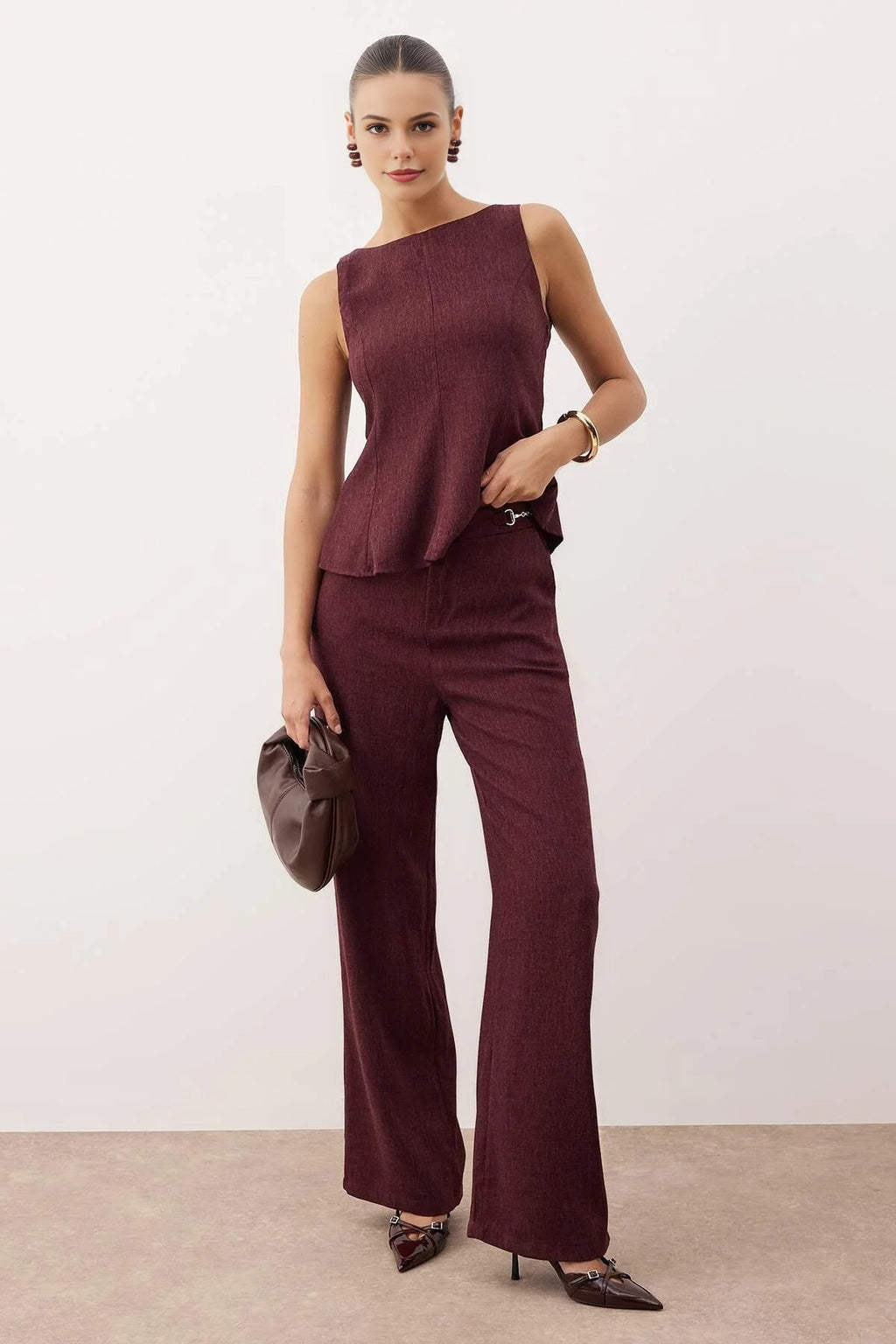 2-Piece Sleeveless Blouse Belt Buckle Wide Leg Trousers Woven Bottom & Top Set