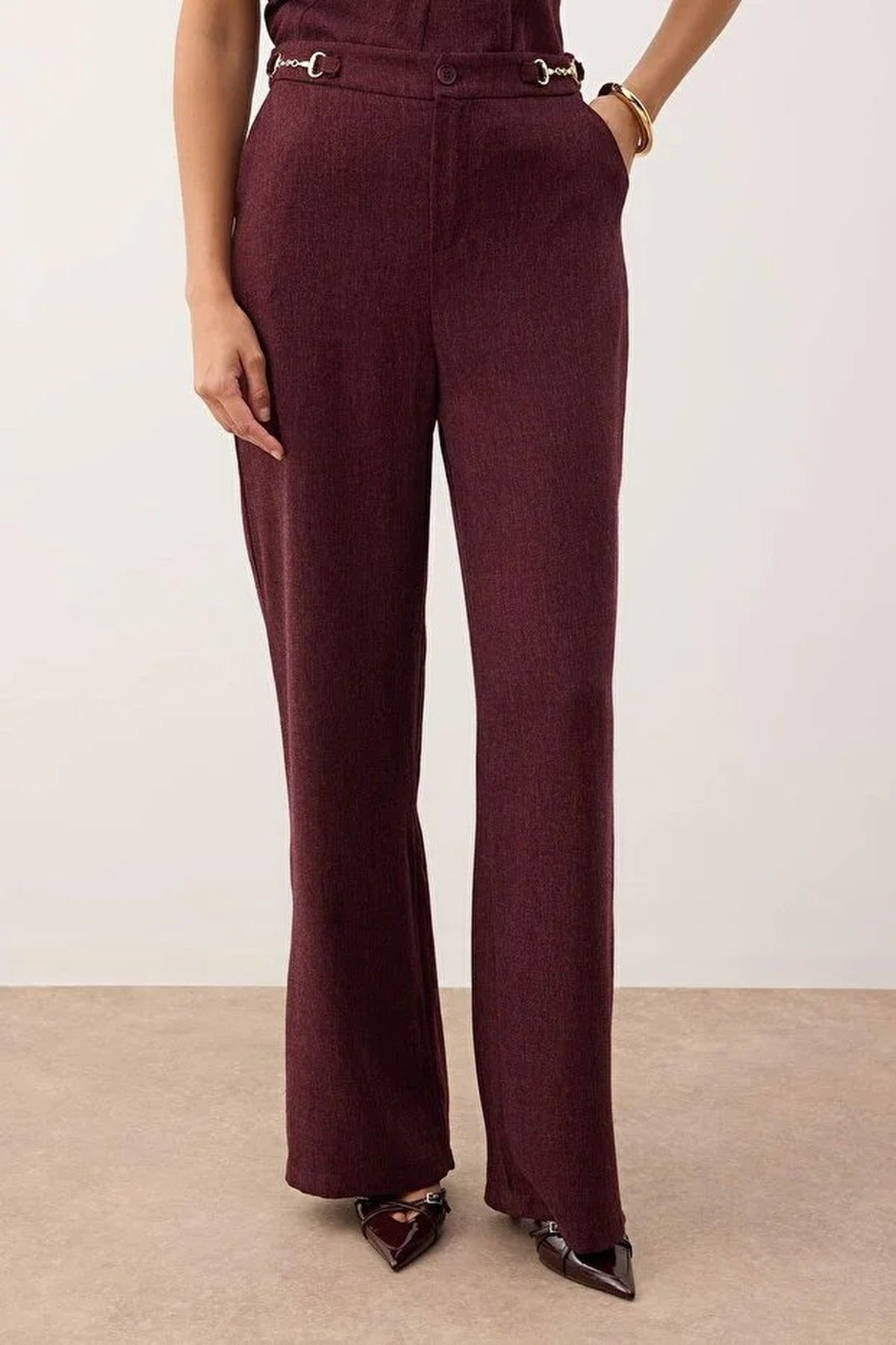 2-Piece Sleeveless Blouse Belt Buckle Wide Leg Trousers Woven Bottom & Top Set