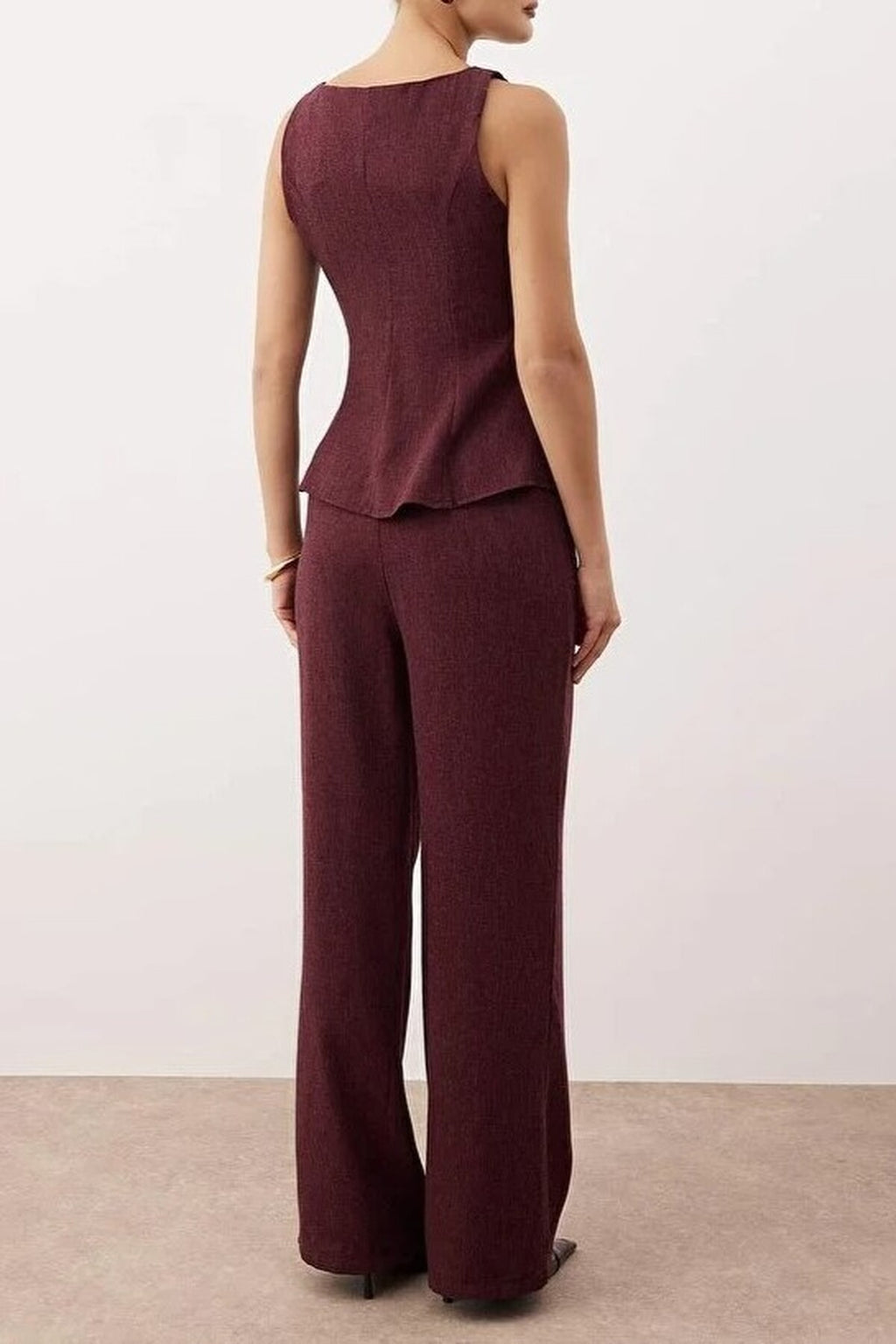 2-Piece Sleeveless Blouse Belt Buckle Wide Leg Trousers Woven Bottom & Top Set