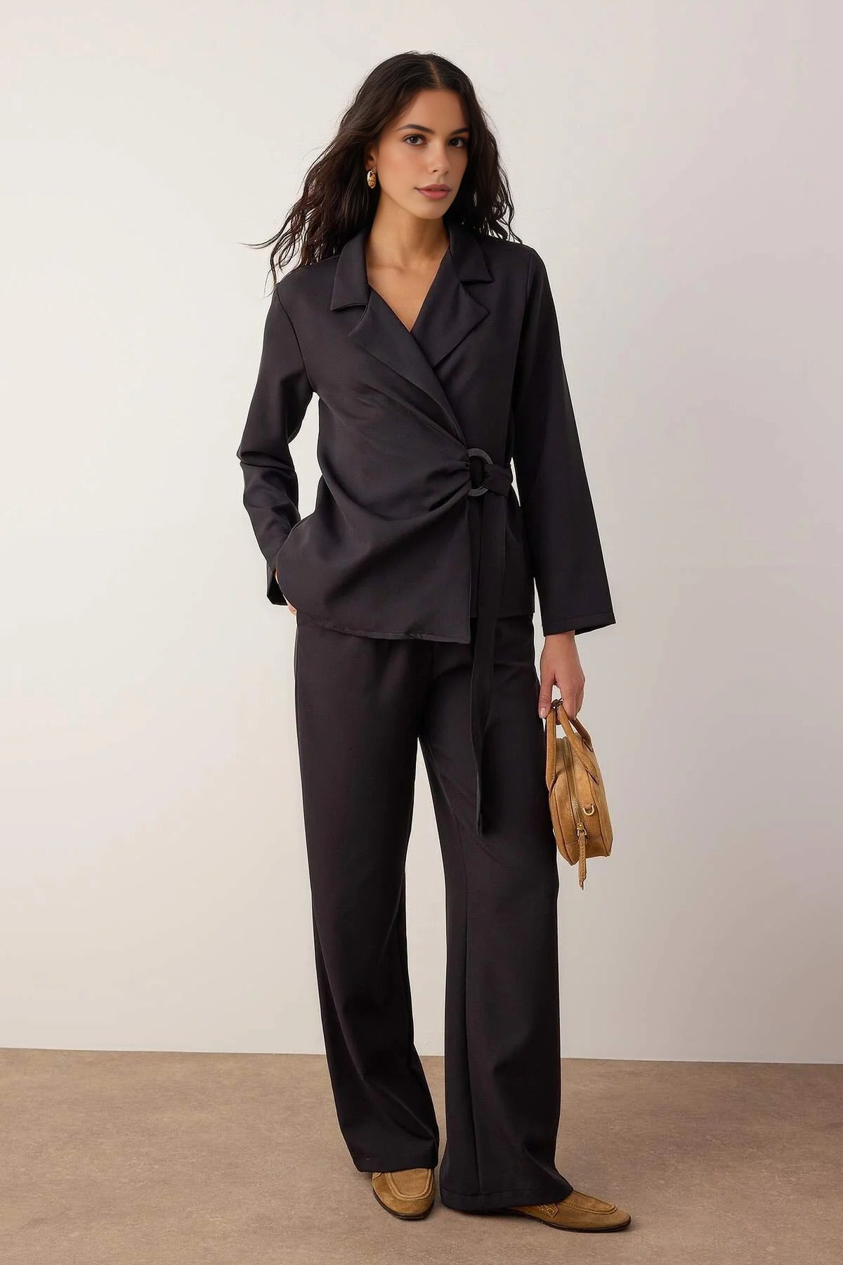 2-Piece Double-Breasted Blouse and Trousers Woven Bottom - Top Set