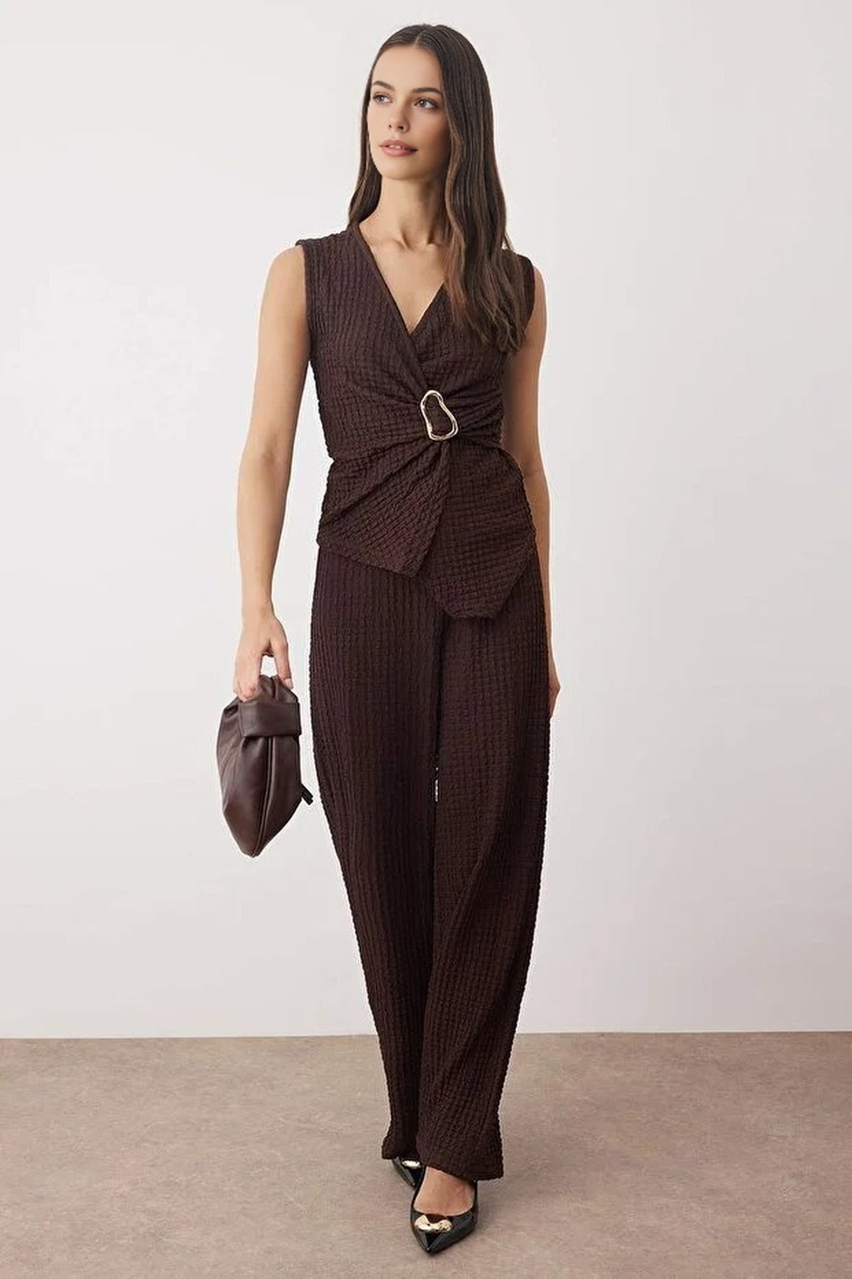 2-Piece Double Breasted Textured Knit Bottom - Top Set with Accessories Detail