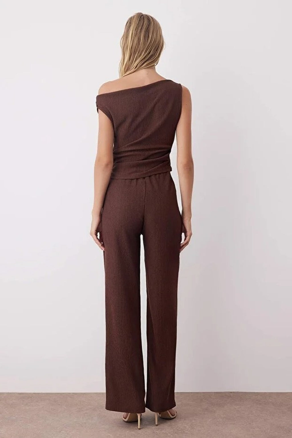 2-Piece Asymmetrical Collar Top & Palazzo Bottom Knit Set