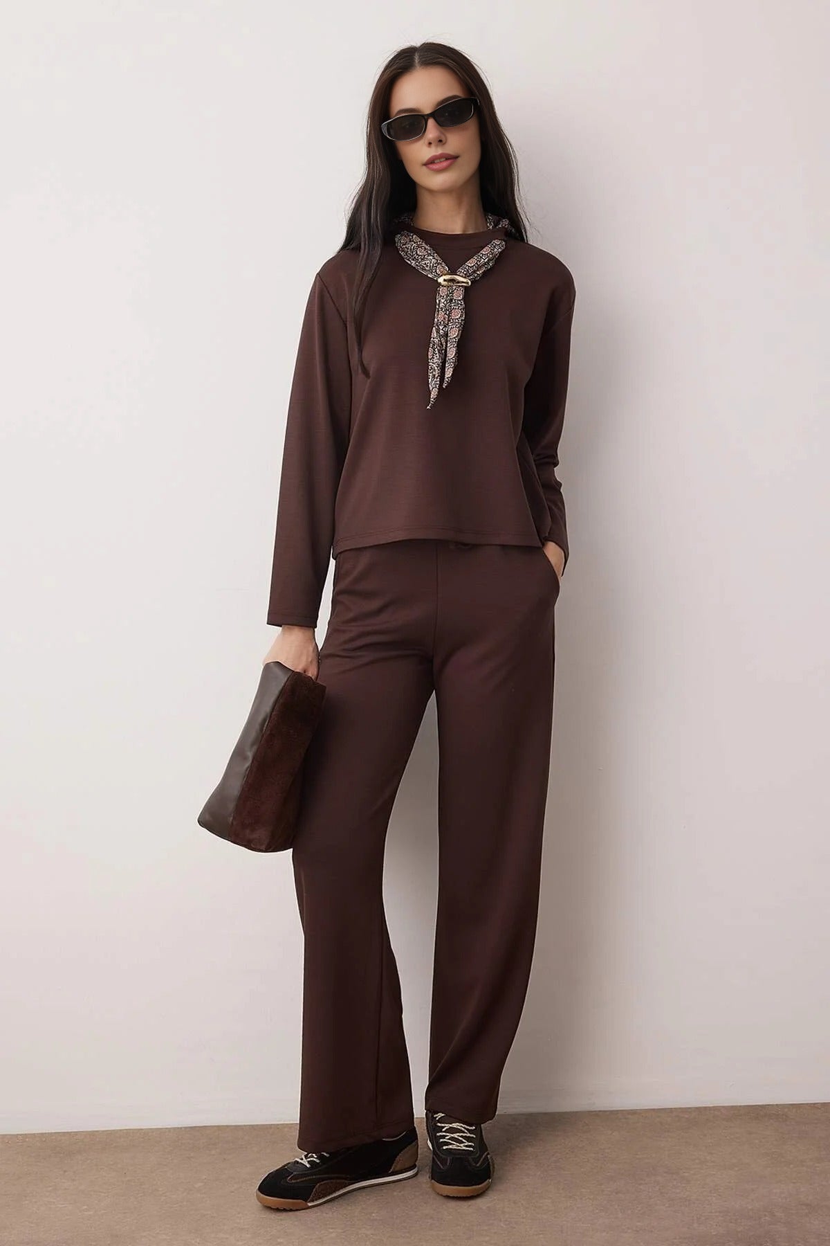 2-Piece Regular Knit Top and Bottom Set with Scarf Detail