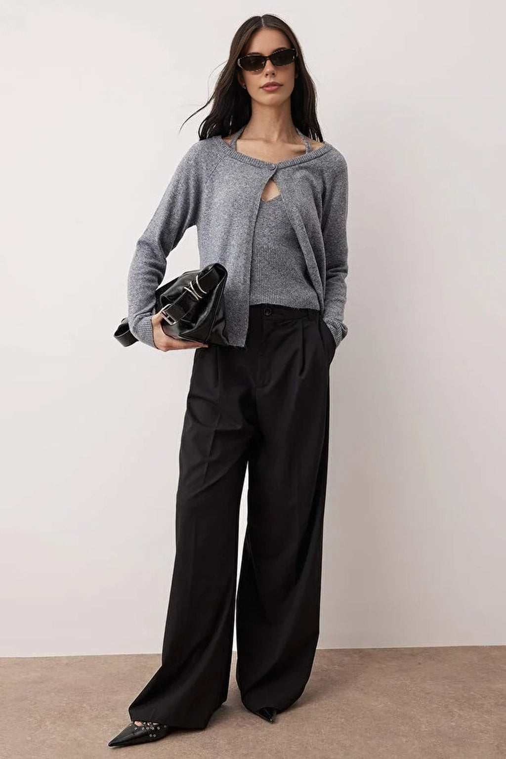 2-Piece Boat Neck Soft Texture Blouse-Cardigan Knitwear Set