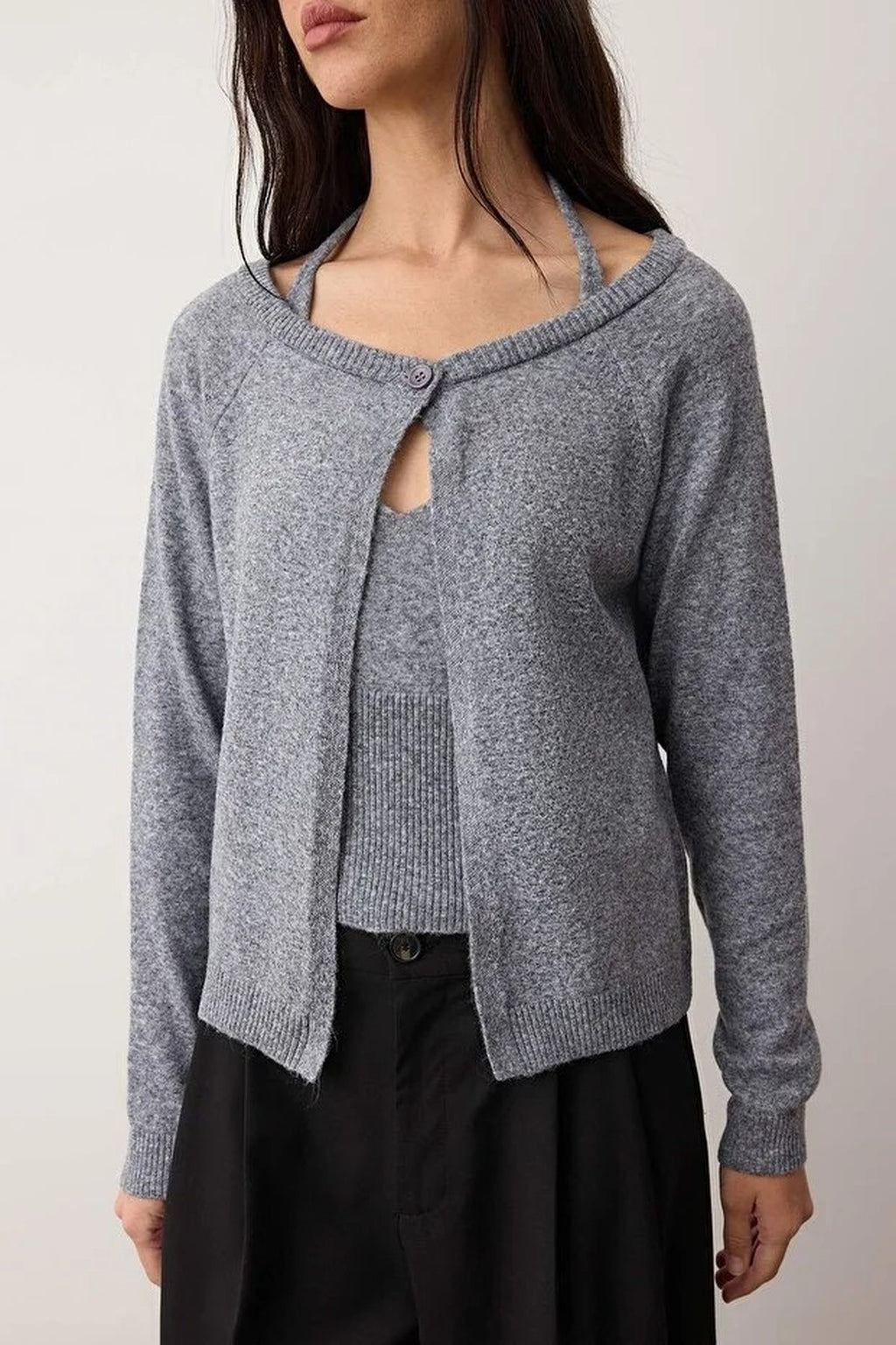 2-Piece Boat Neck Soft Texture Blouse-Cardigan Knitwear Set
