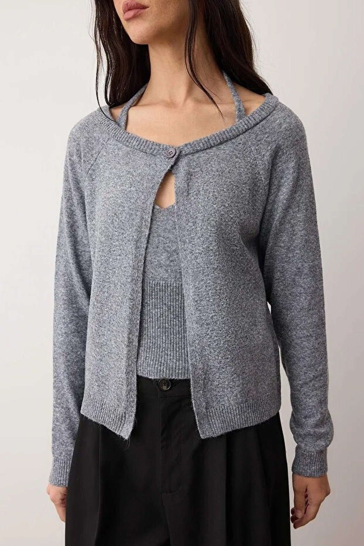 2-Piece Boat Neck Soft Texture Blouse-Cardigan Knitwear Set