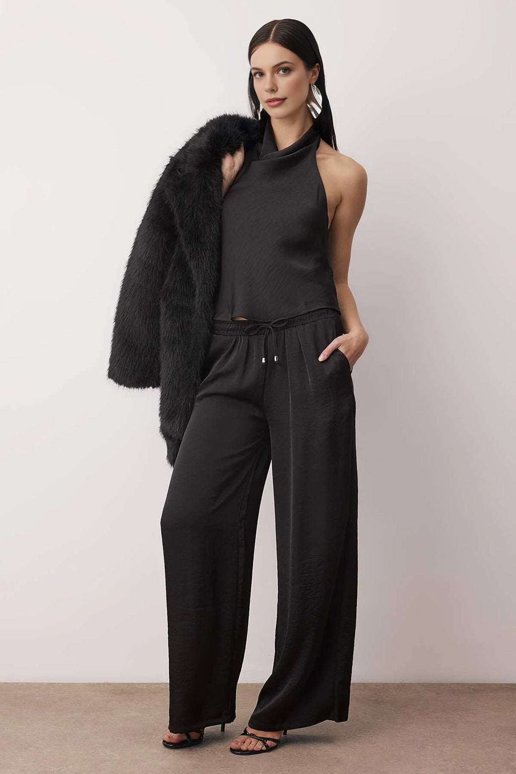 2-Piece V-Neck Satin Blouse and Trousers Set