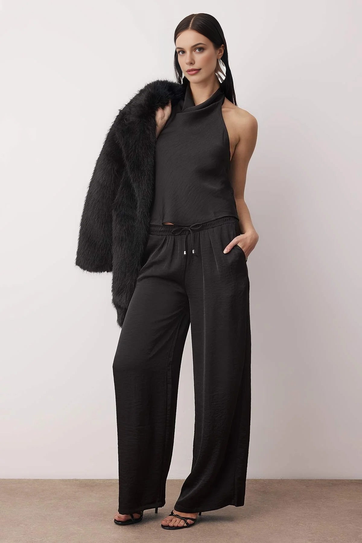 2-Piece V-Neck Satin Blouse and Trousers Set