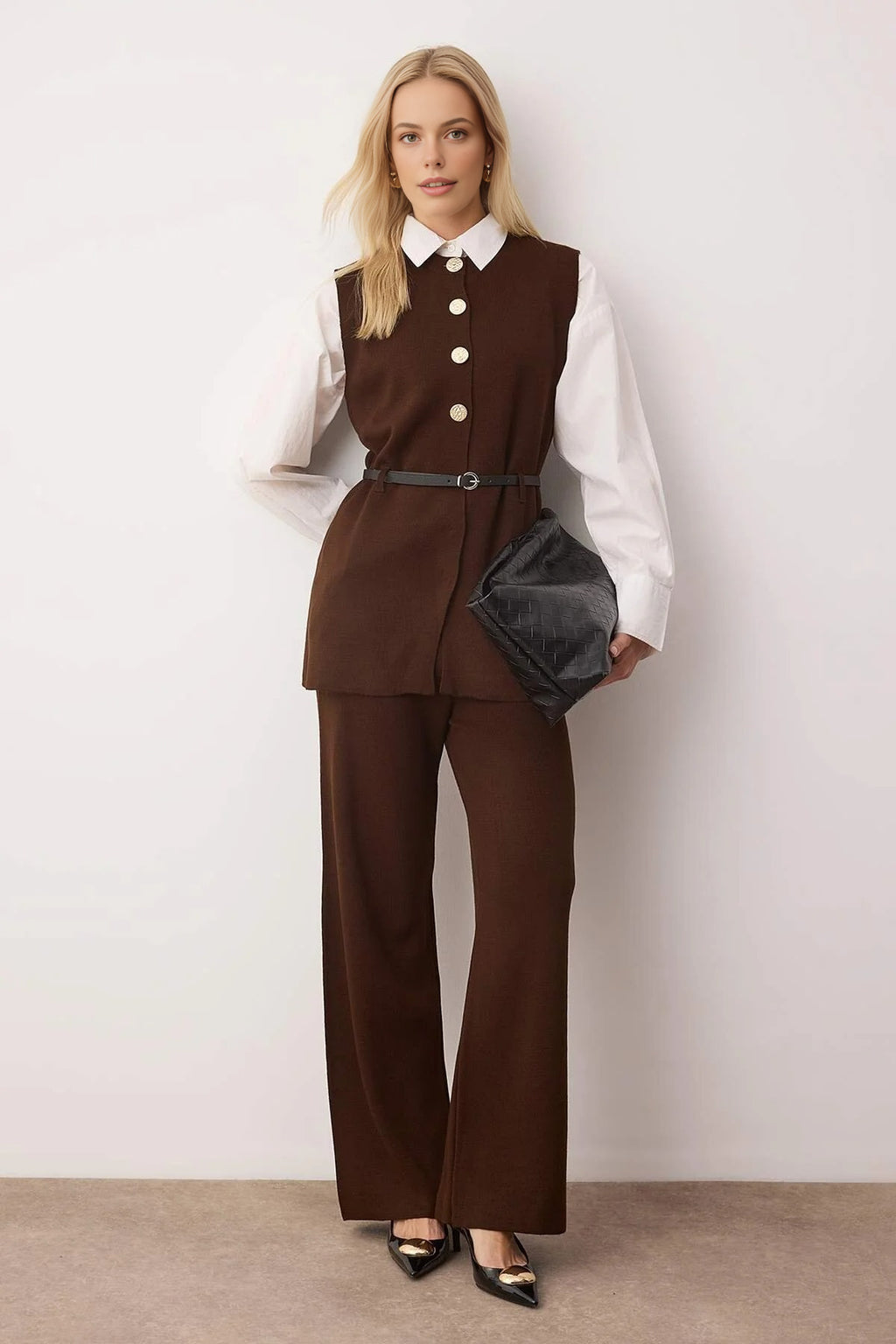 2-Piece Gold Button & Leather Belt Detail Knit Top and Bottom Set