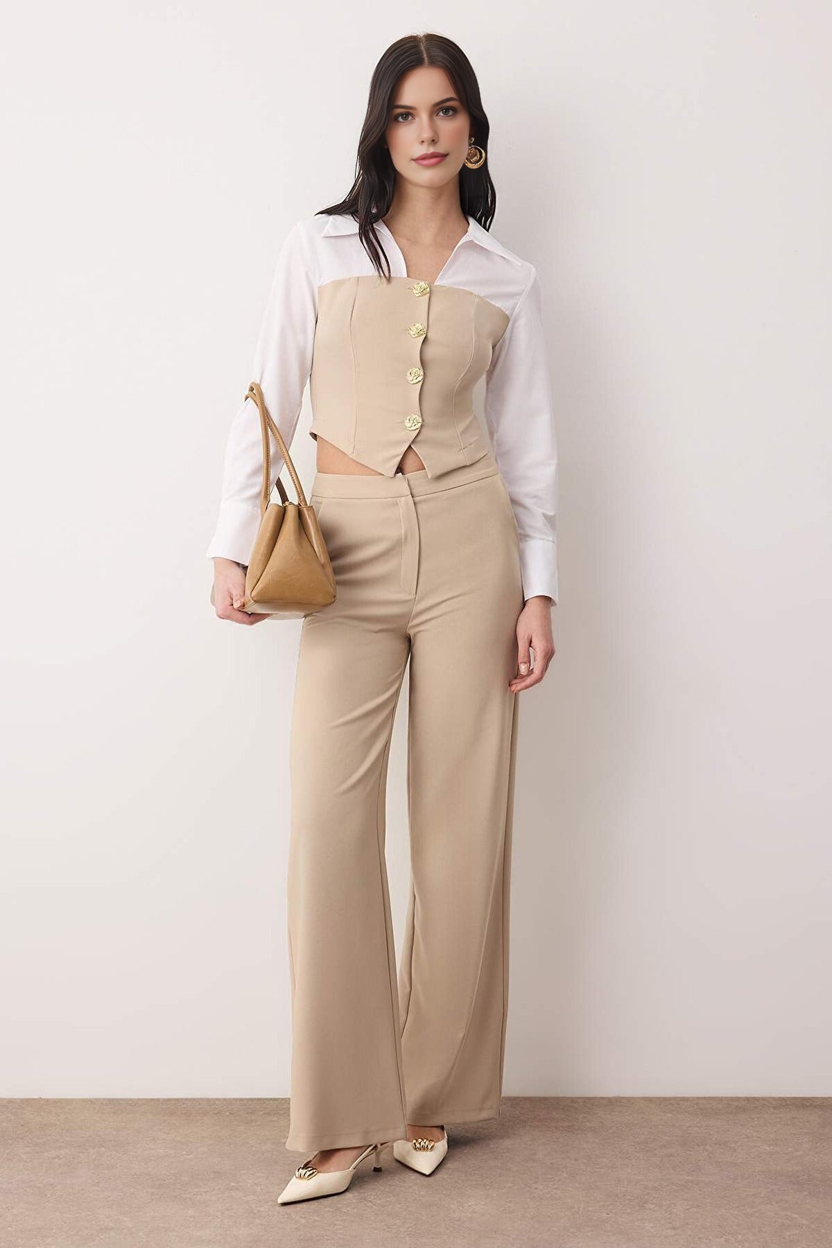 2-Piece Shirt Detail Buttoned Woven Top and Bottom Set