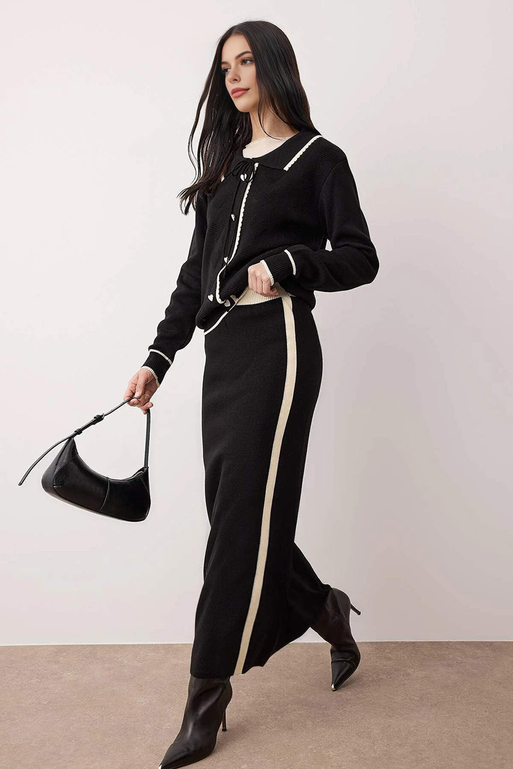 2-Piece Heart Buttoned Top and Skirt Knit Set