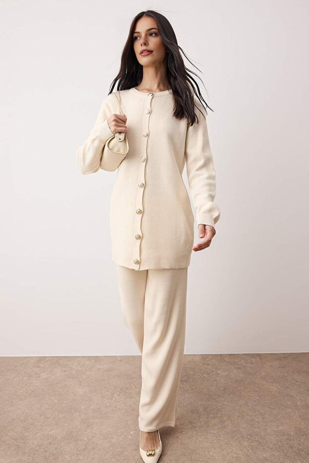 2-Piece Stone Buttoned Knit Top and Bottom Set