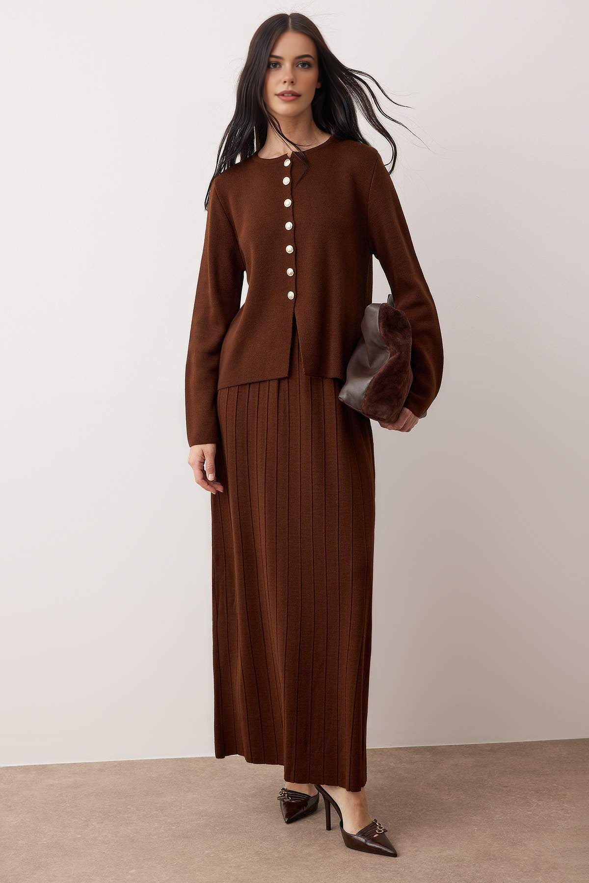 2-Piece Buttoned Skirt and Knit Top and Bottom Set