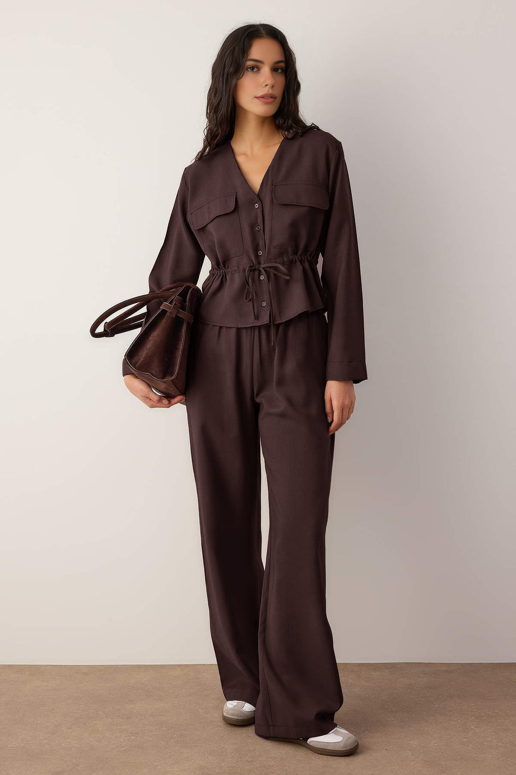 2-Piece Soft Textured Blouse and Trousers Woven Top and Bottom Set