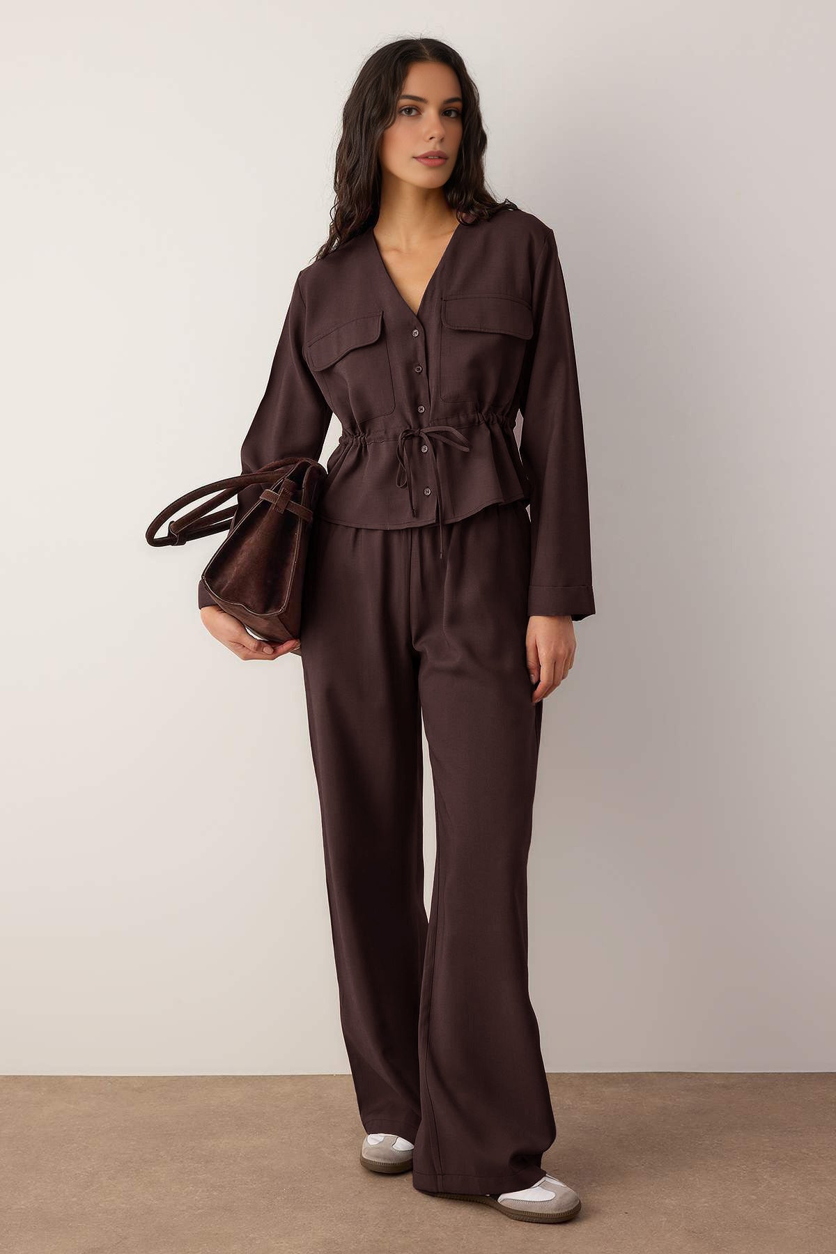 2-Piece Soft Textured Blouse and Trousers Woven Top and Bottom Set
