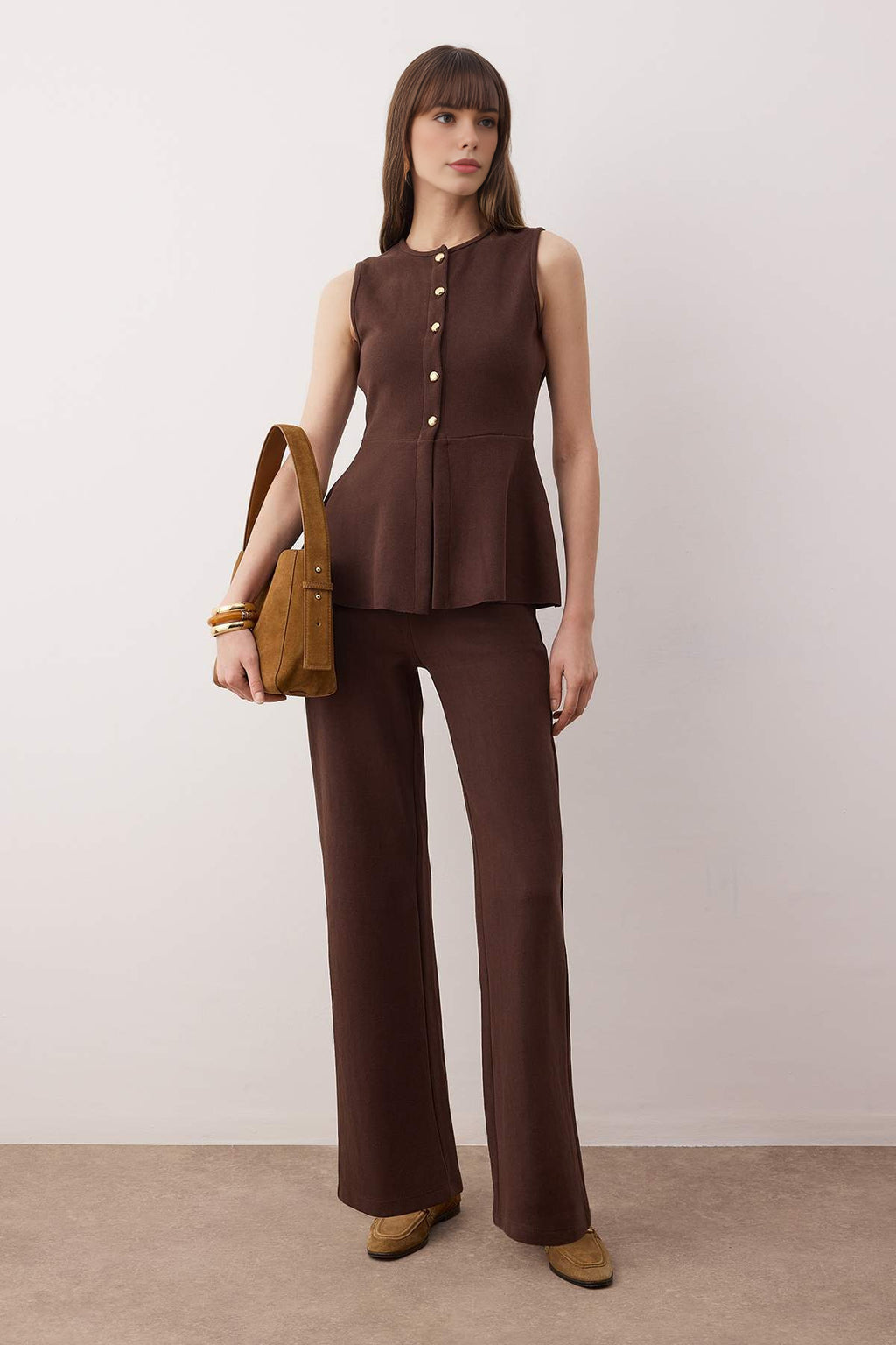2-Piece Buttoned Knitted Palazzo Bottom - Peplum Top Set