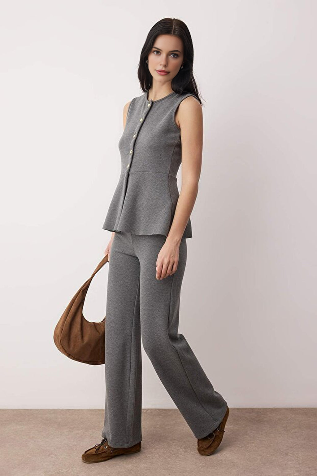 2-Piece Buttoned Knitted Palazzo Bottom - Peplum Top Set