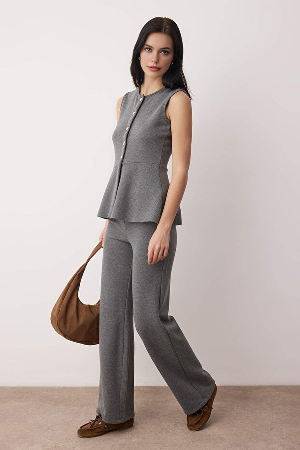 2-Piece Buttoned Knitted Palazzo Bottom - Peplum Top Set