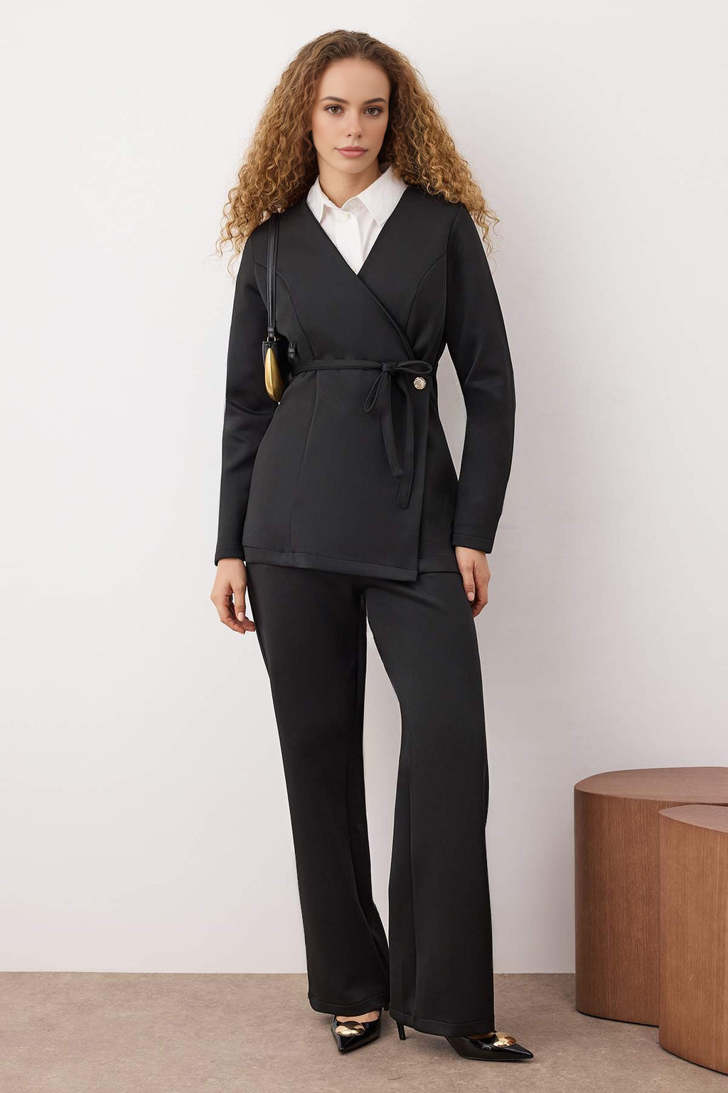 2-Piece Scuba Fabric Knitted Top and Bottom Set with Button and Belt Details