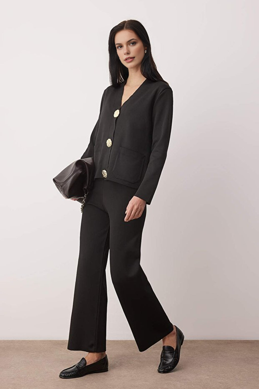 2-Piece V-Neck Button Detail Cardigan-Pants Knitwear Set