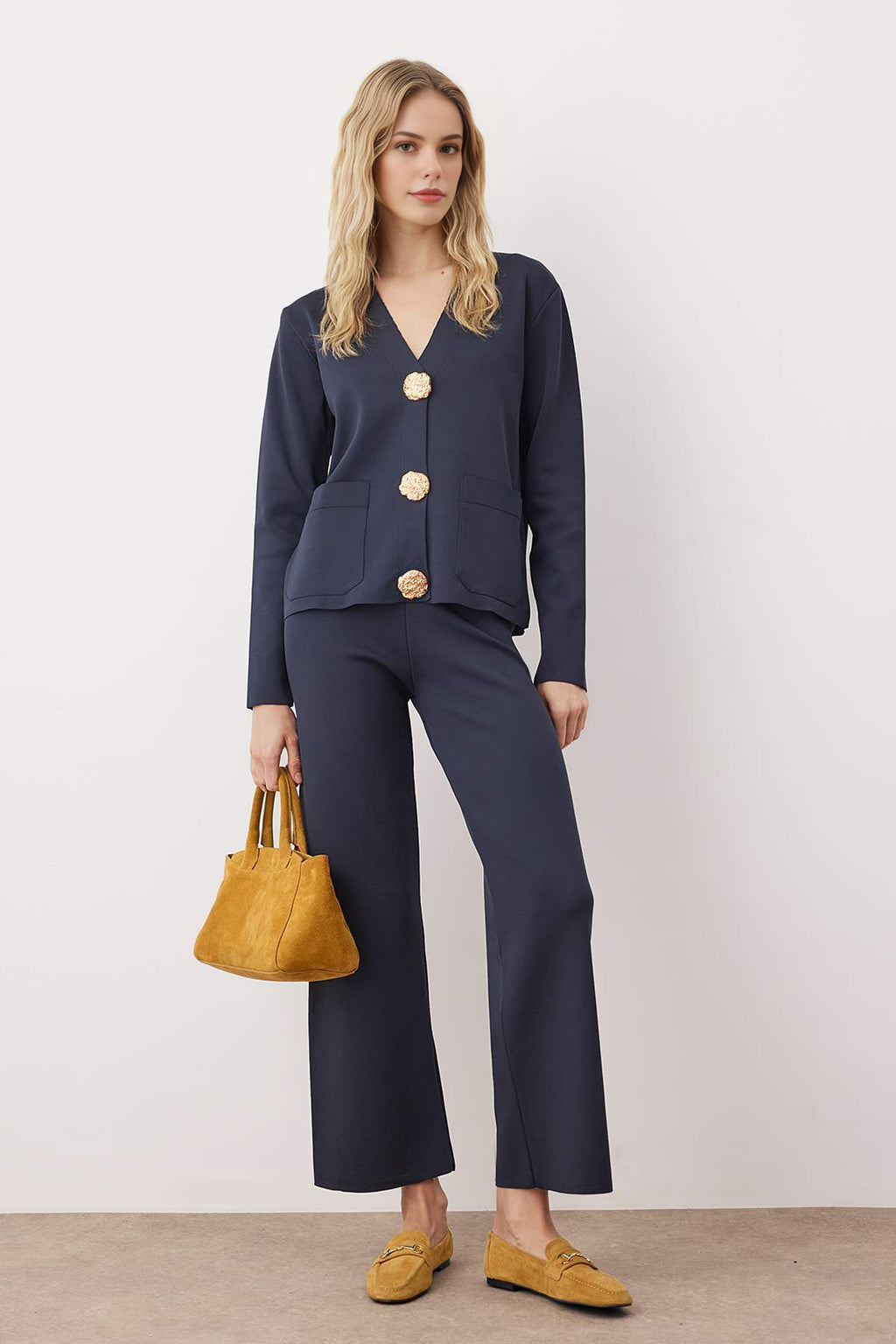 2-Piece V-Neck Button Detail Cardigan-Pants Knitwear Set