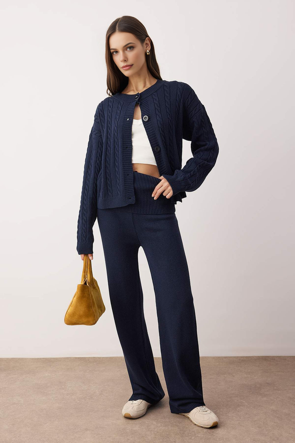 2-Piece Soft Textured Braided-Plain Knit Top and Bottom Set