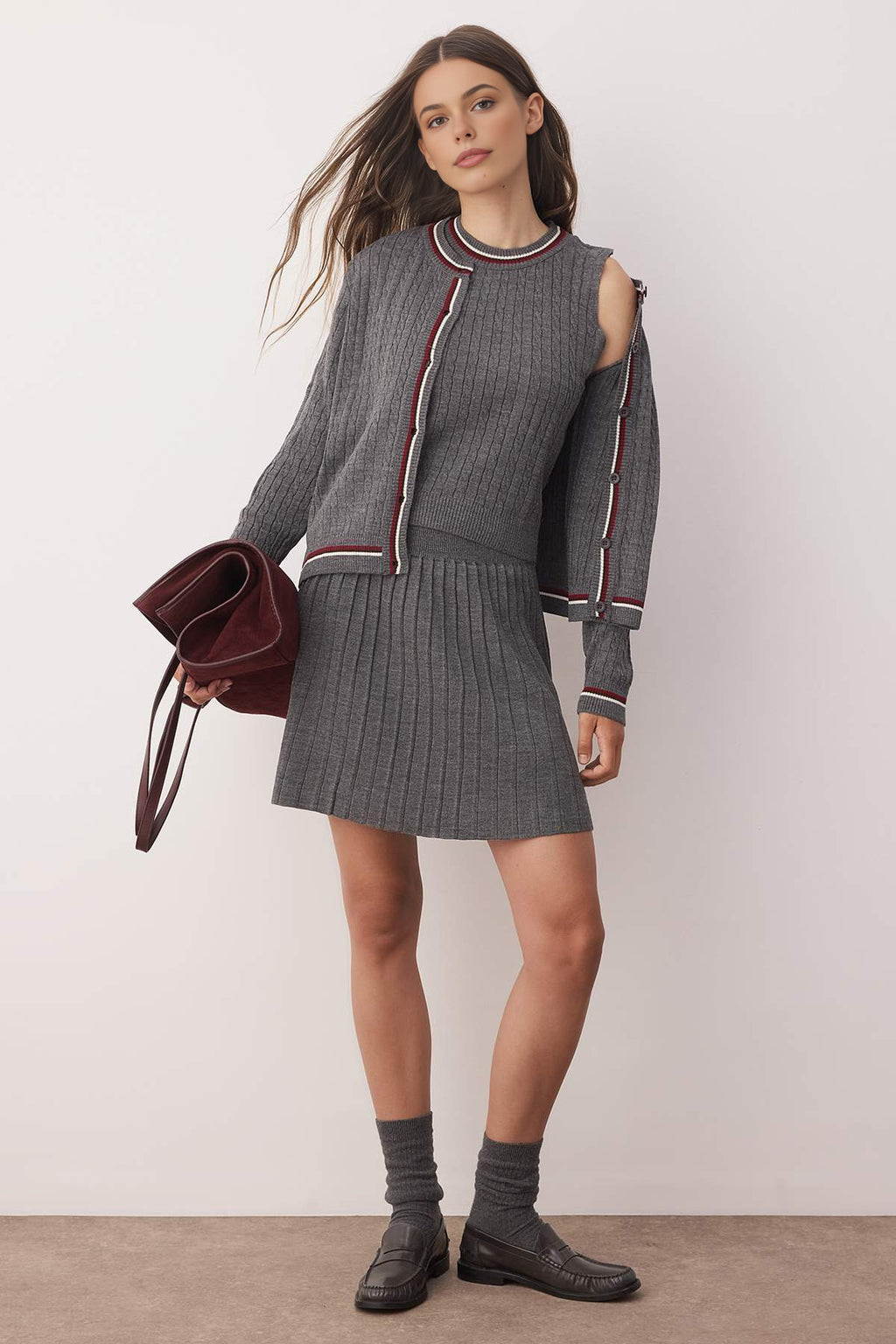 3-Piece Soft Textured Cardigan-Blouse-Skirt Knit Set