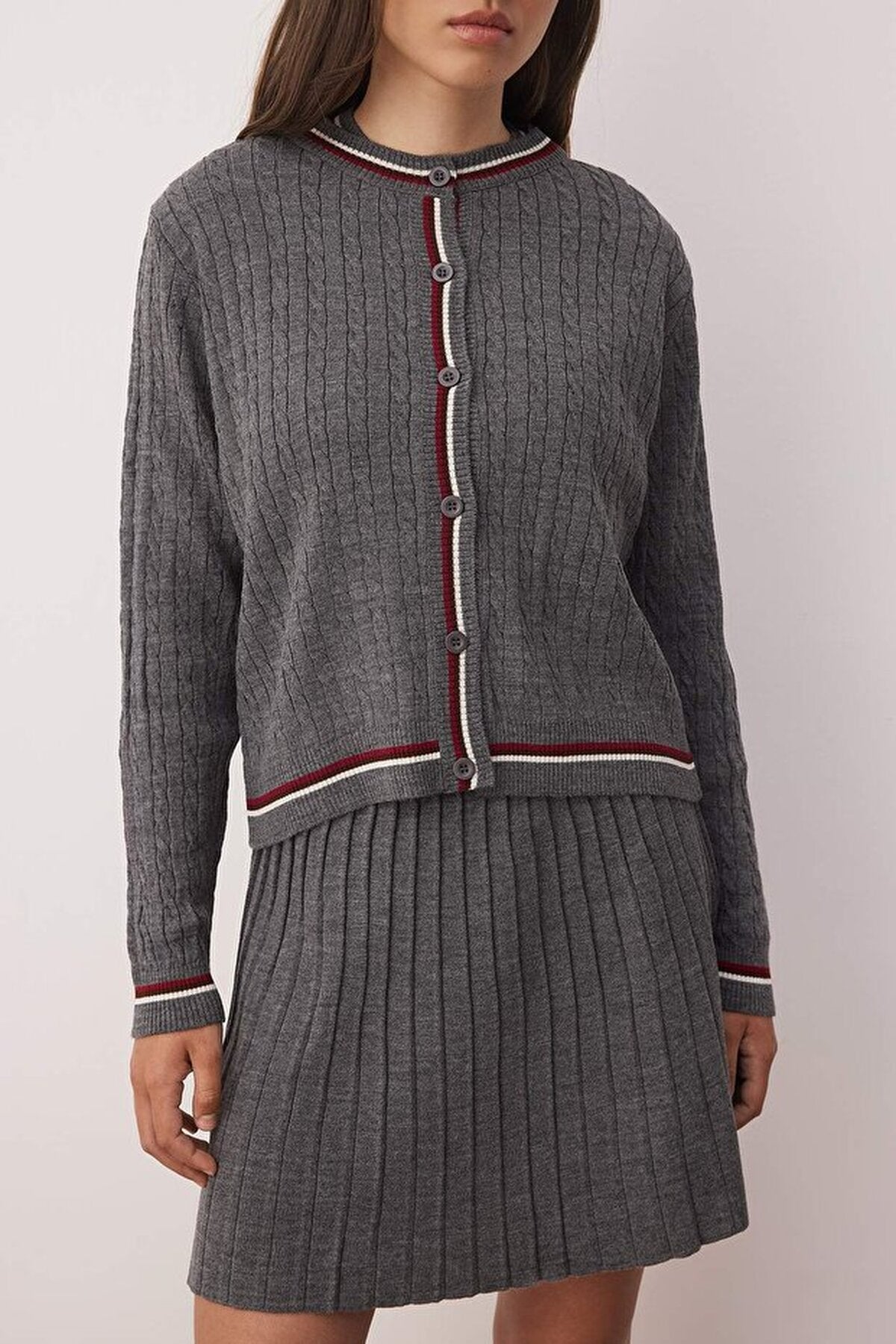 3-Piece Soft Textured Cardigan-Blouse-Skirt Knit Set