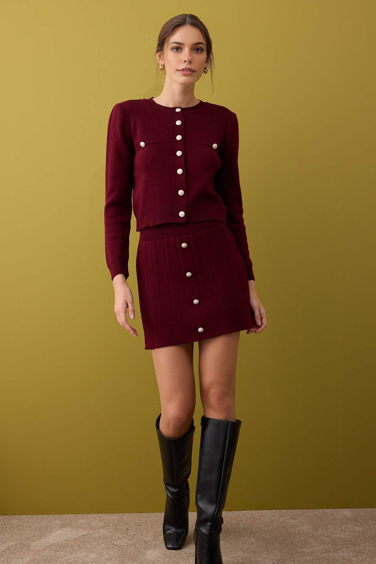 2-Piece Crop Soft Textured Cardigan-Skirt Knitwear Set