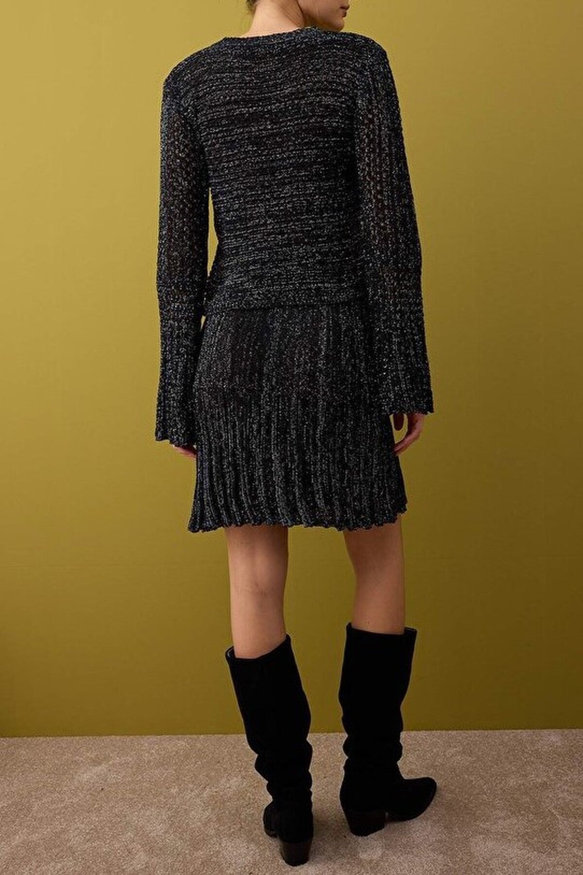 2-Piece Crop Shimmer Blend Sweater-Skirt Knit Set