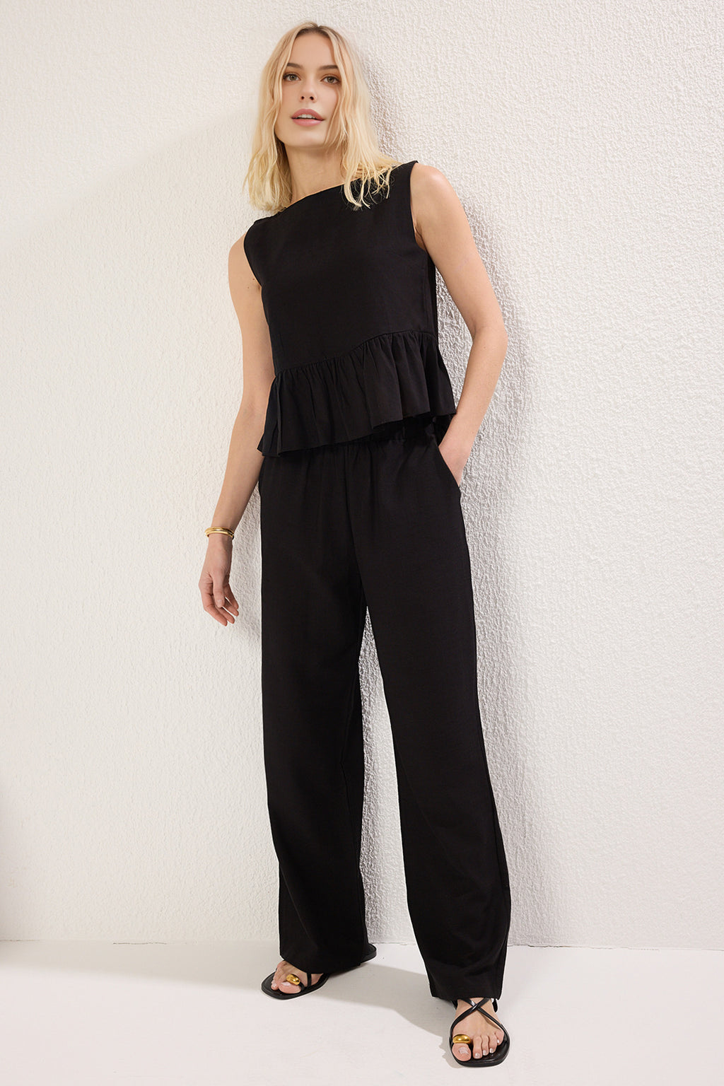 2-Piece Linen-Look Crew Neck Blouse and Trousers Woven Set