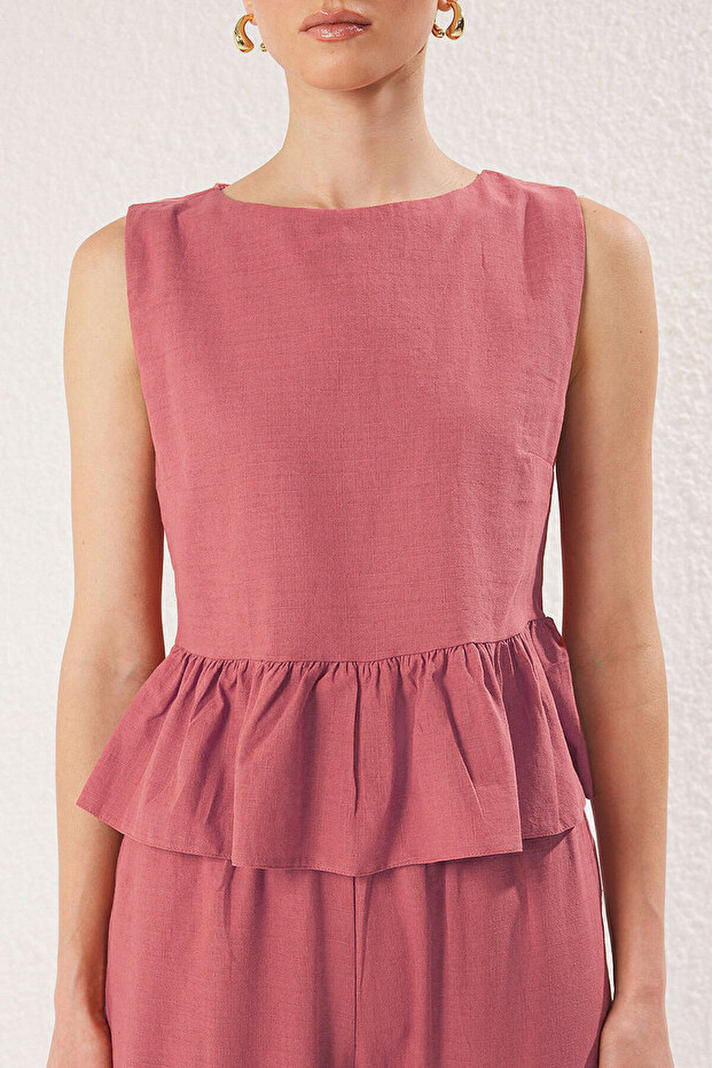 2-Piece Linen-Look Crew Neck Blouse and Trousers Woven Set
