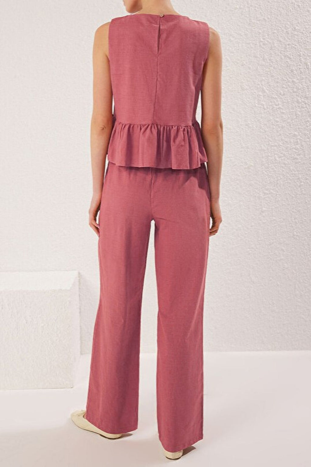 2-Piece Linen-Look Crew Neck Blouse and Trousers Woven Set