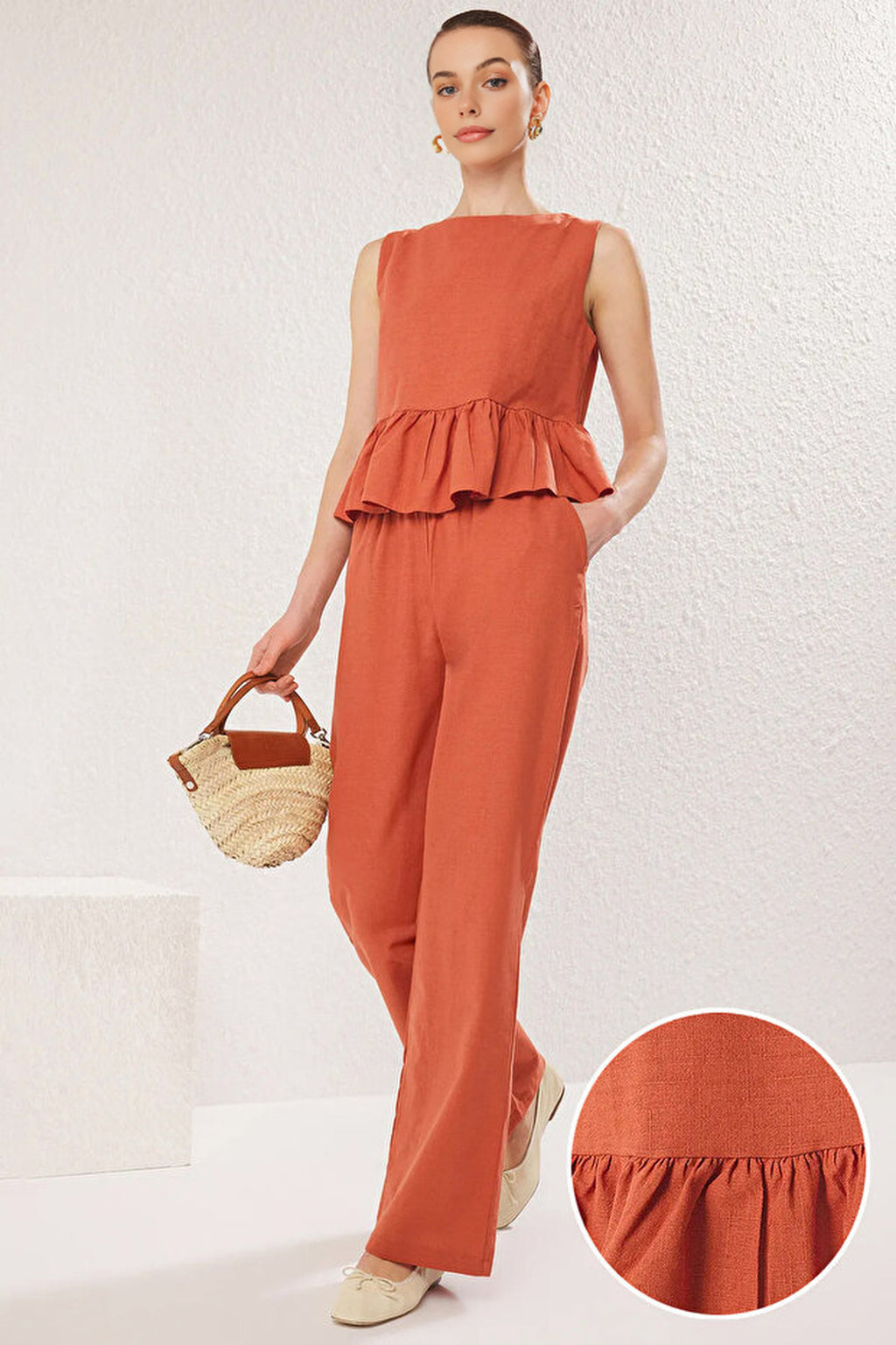 2-Piece Linen-Look Crew Neck Blouse and Trousers Woven Set