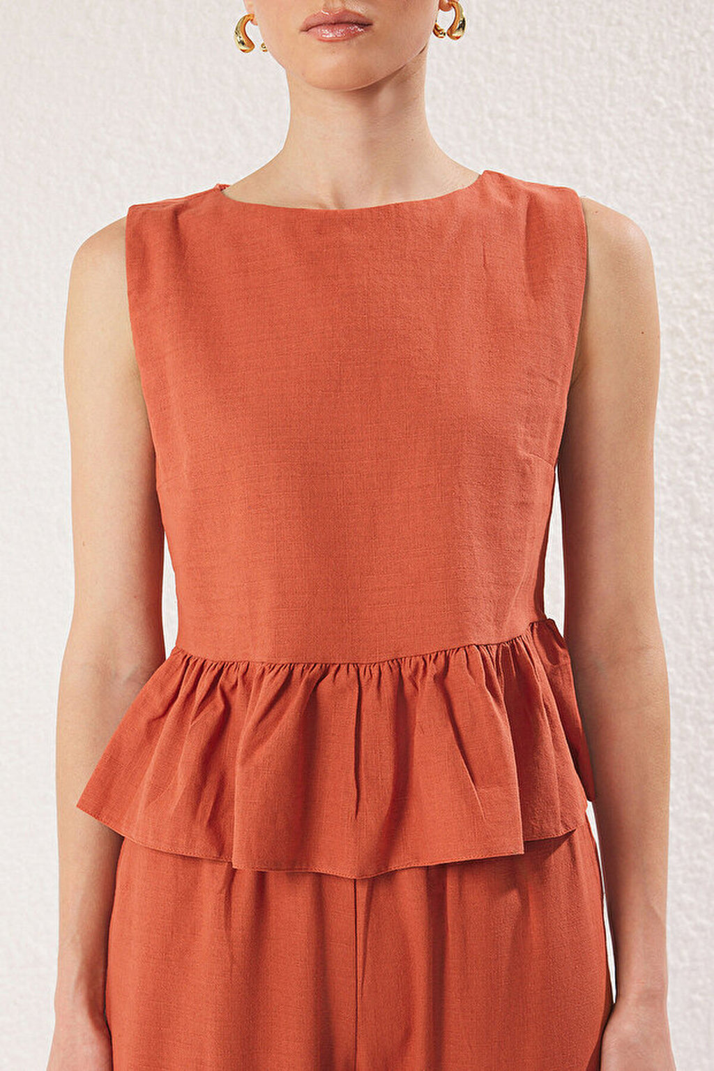 2-Piece Linen-Look Crew Neck Blouse and Trousers Woven Set