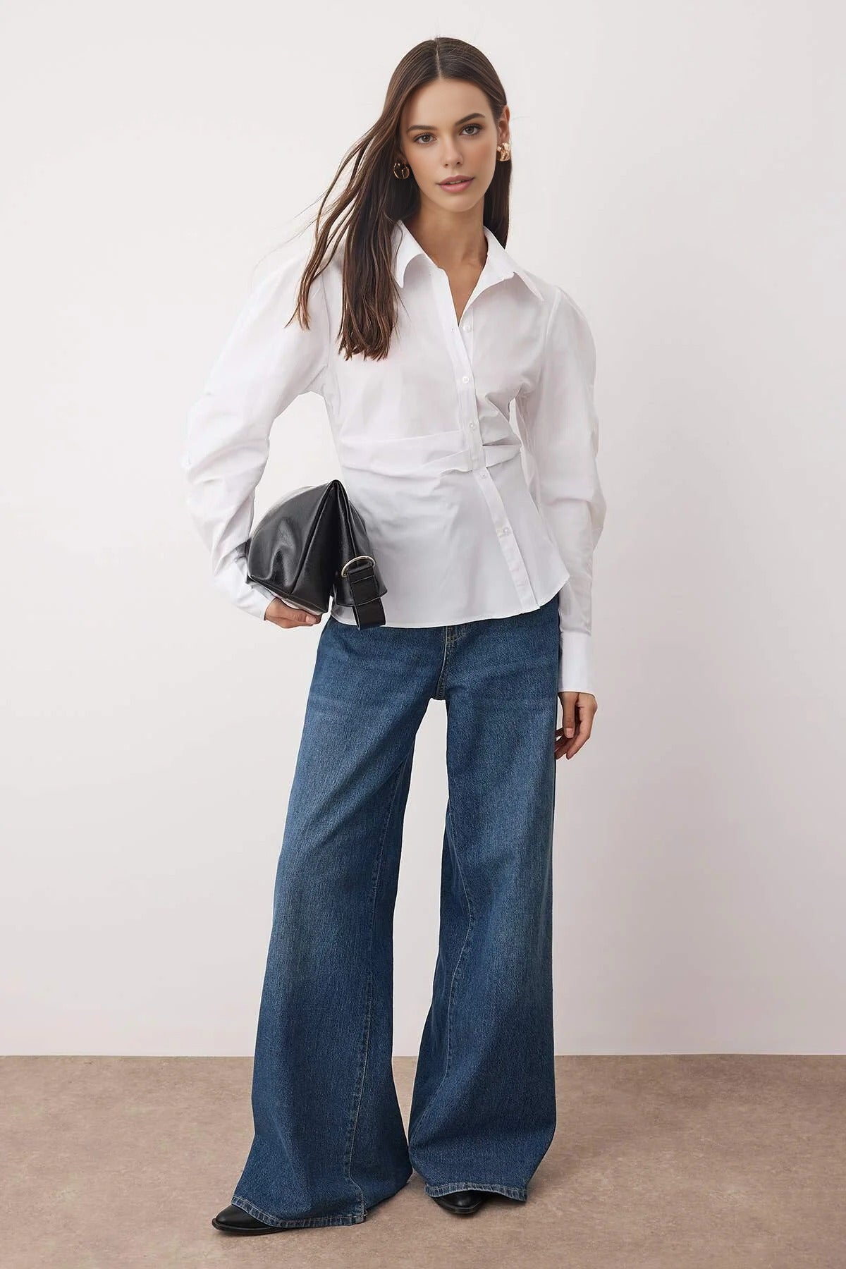 Asymmetrical Shirt with Balloon Sleeve Detail