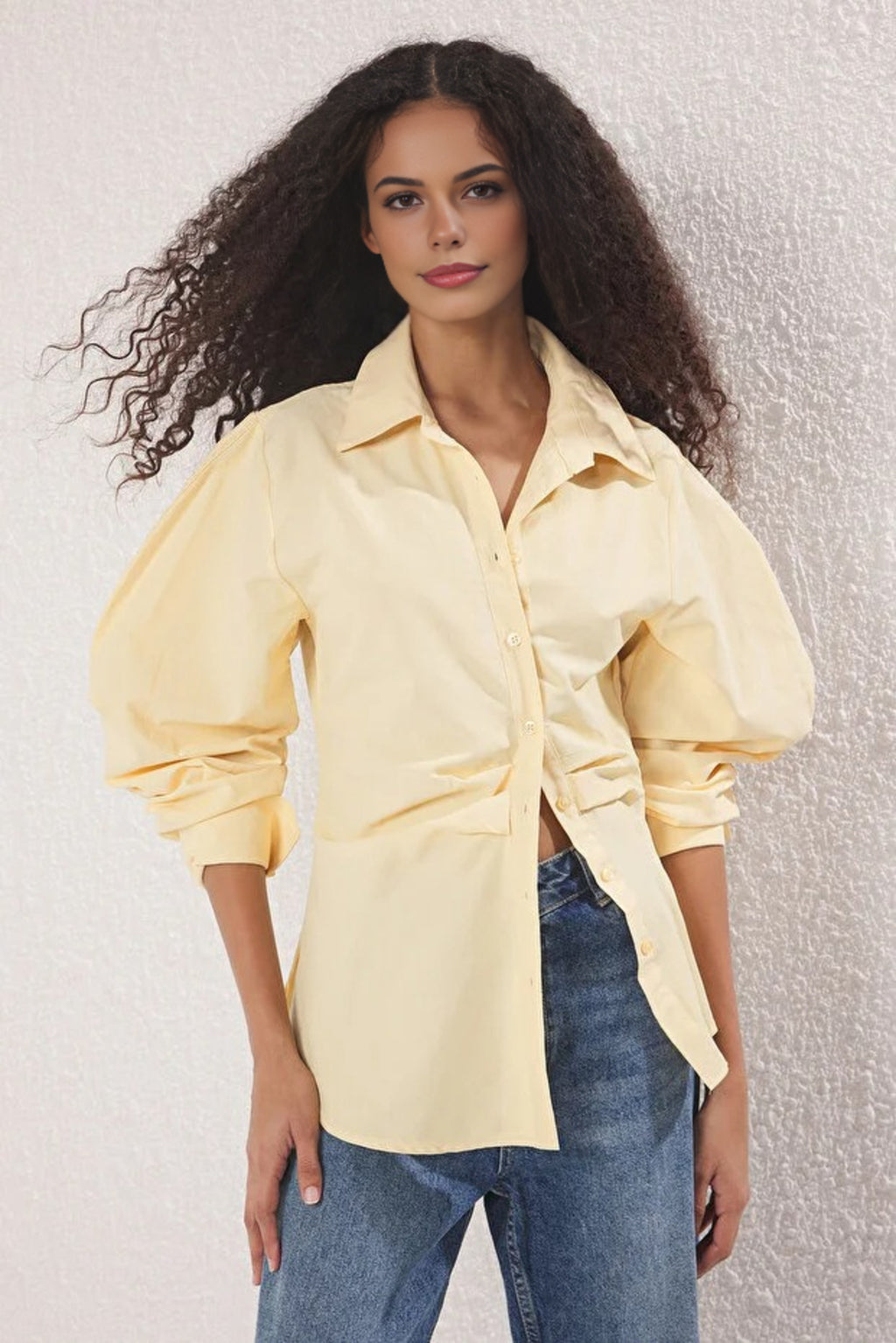 Asymmetrical Shirt with Balloon Sleeve Detail