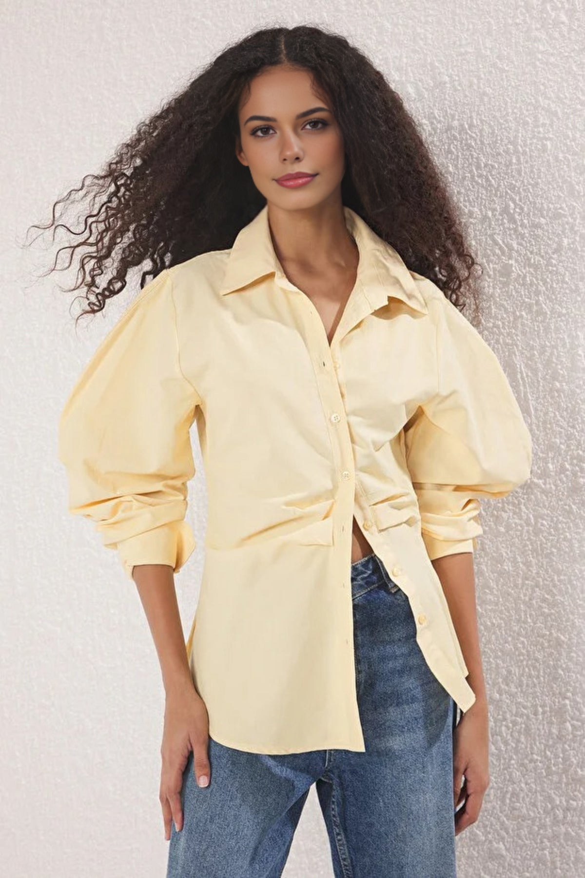 Asymmetrical Shirt with Balloon Sleeve Detail